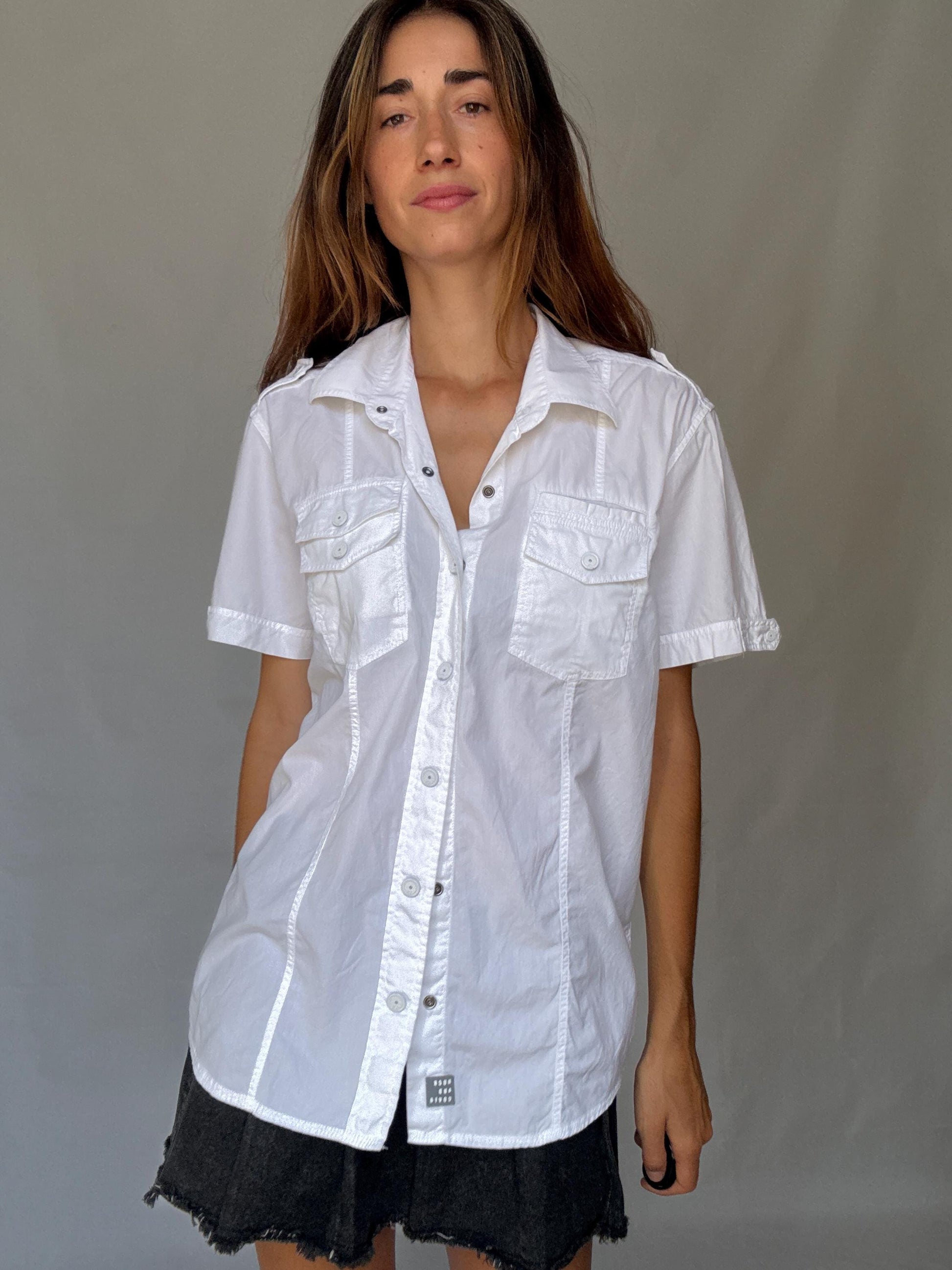 Duck and Cover short sleeve white cotton shirt with utility pockets, military Y2K vibe button down – fitted unisex style US size M-L