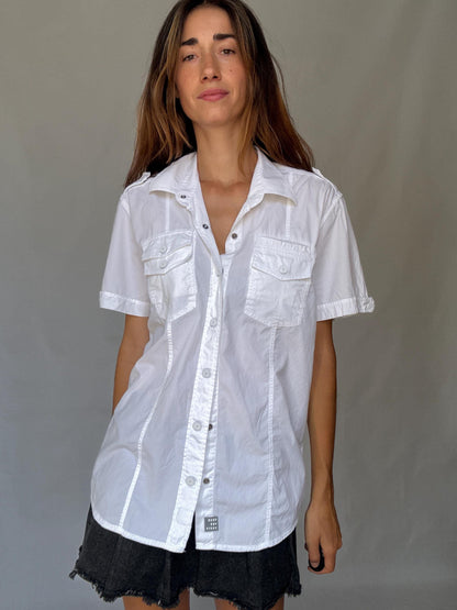 White Cotton Utility Pocket Shirt — detail