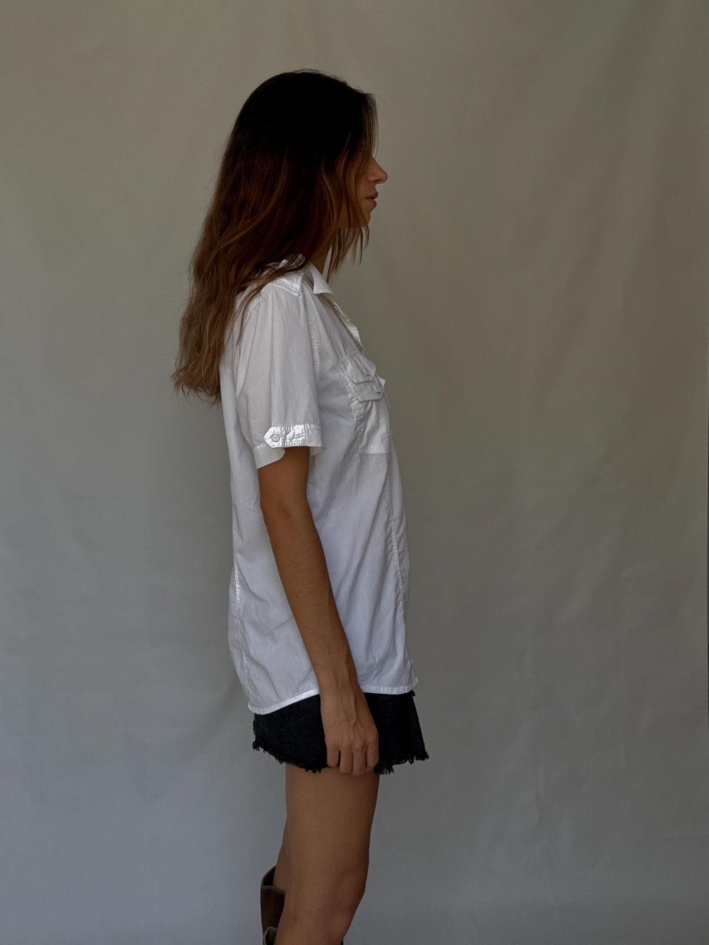 Duck and Cover short sleeve white cotton shirt with utility pockets, military Y2K vibe button down – fitted unisex style US size M-L