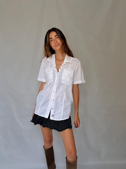 White Cotton Utility Pocket Shirt — fabric close-up