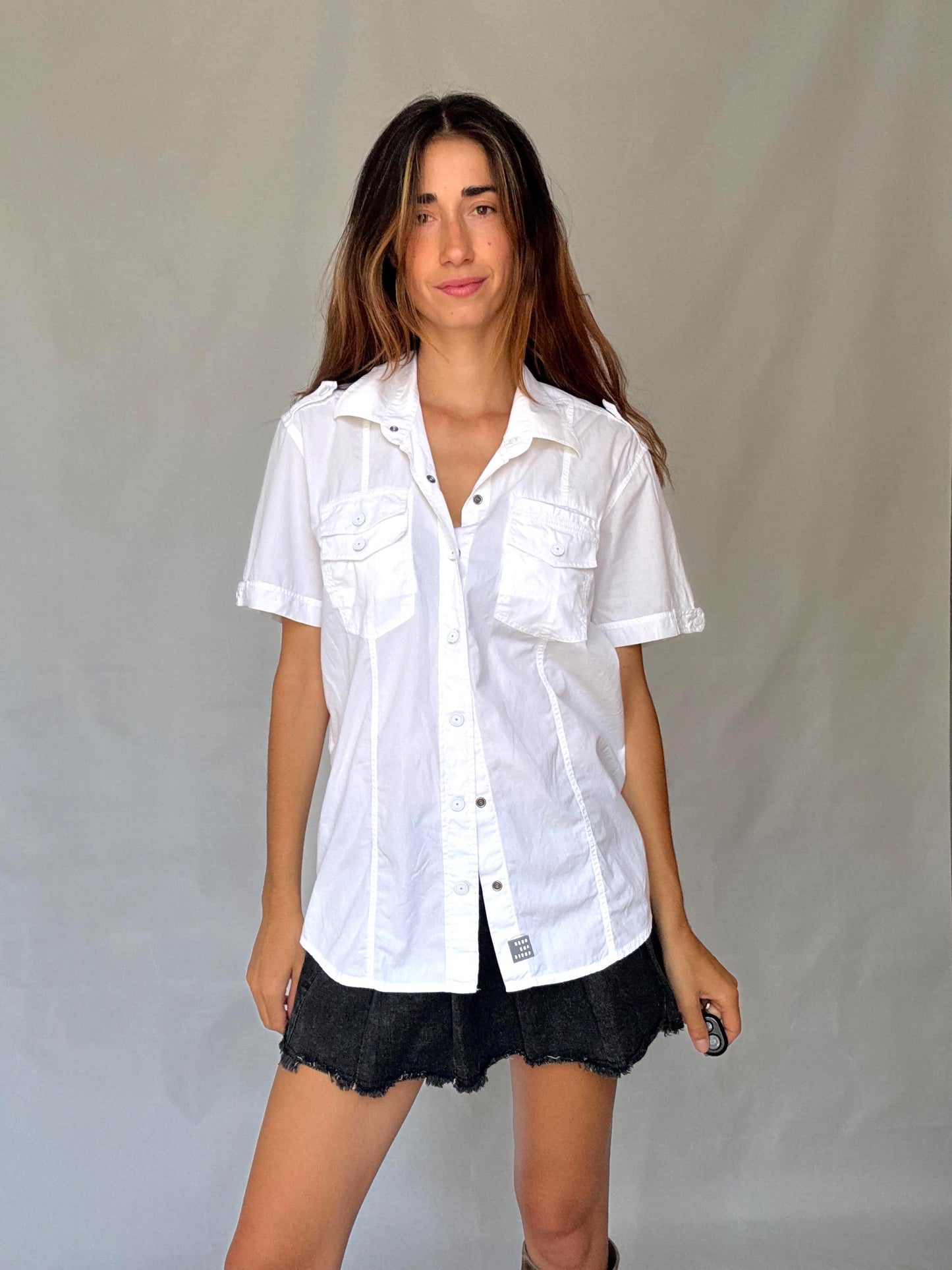 Duck and Cover short sleeve white cotton shirt with utility pockets, military Y2K vibe button down – fitted unisex style US size M-L