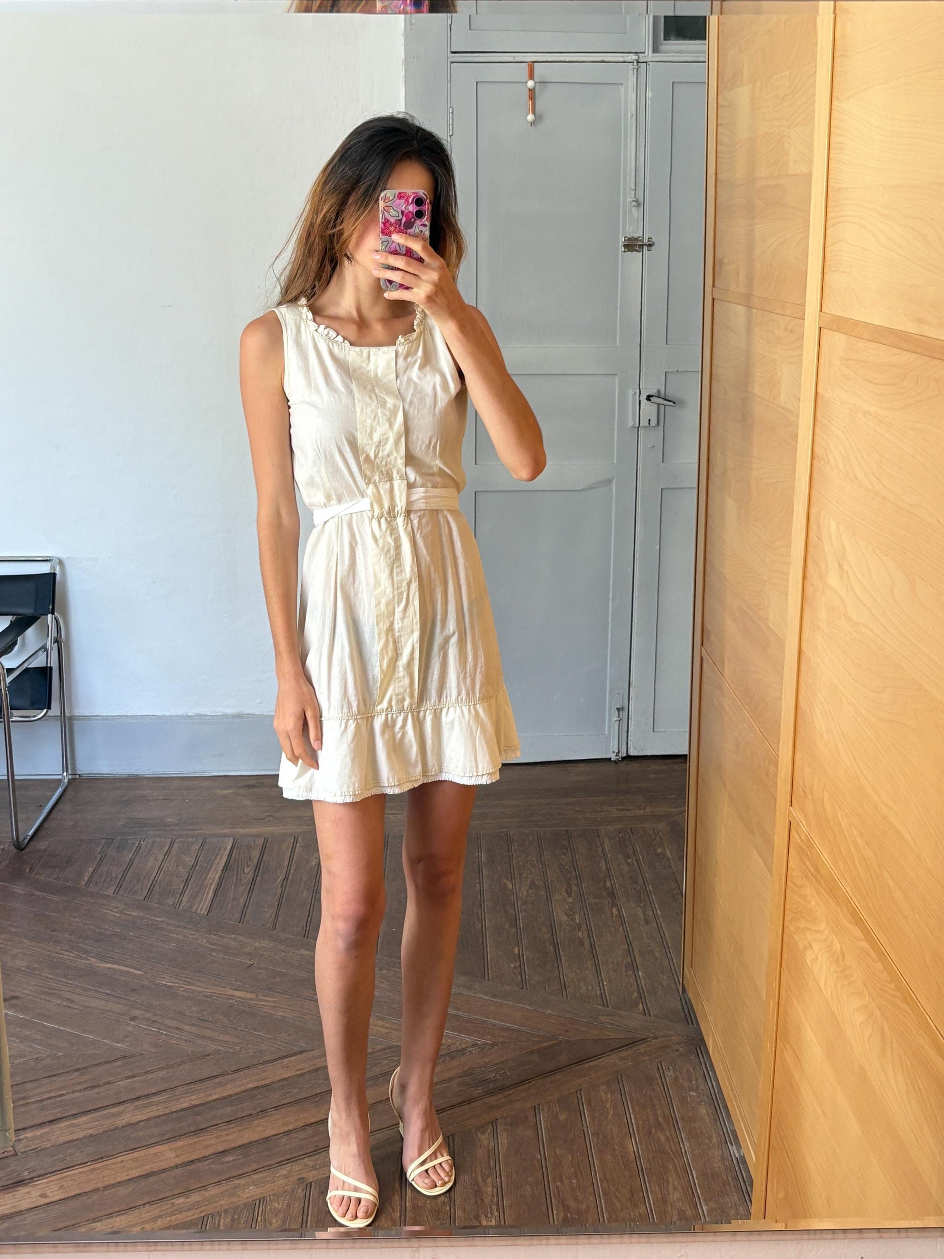 Vintage off white Adolfo Dominguez dress with waist tie, Lightweight cotton midi dress, Spanish designer summer mini