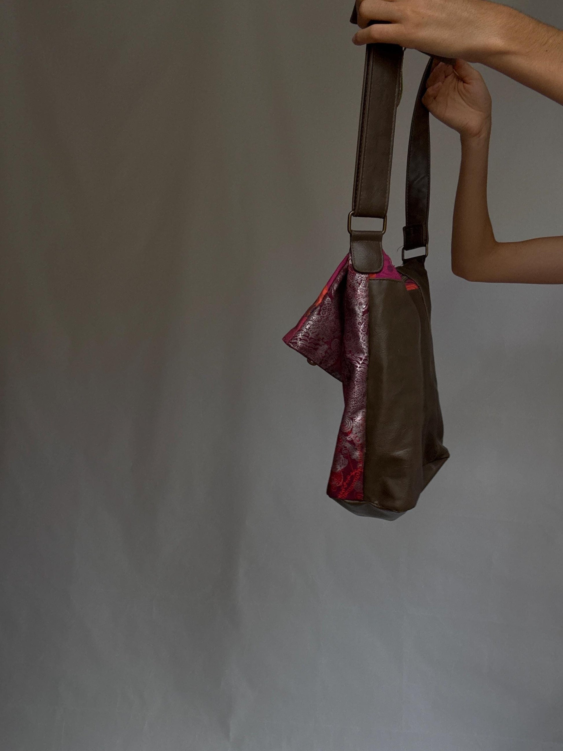 Desigual ebrown crossbody bag, faux leather shoulder bag, colourful patchwork front with beaded flower, eclectic indie, sleaze