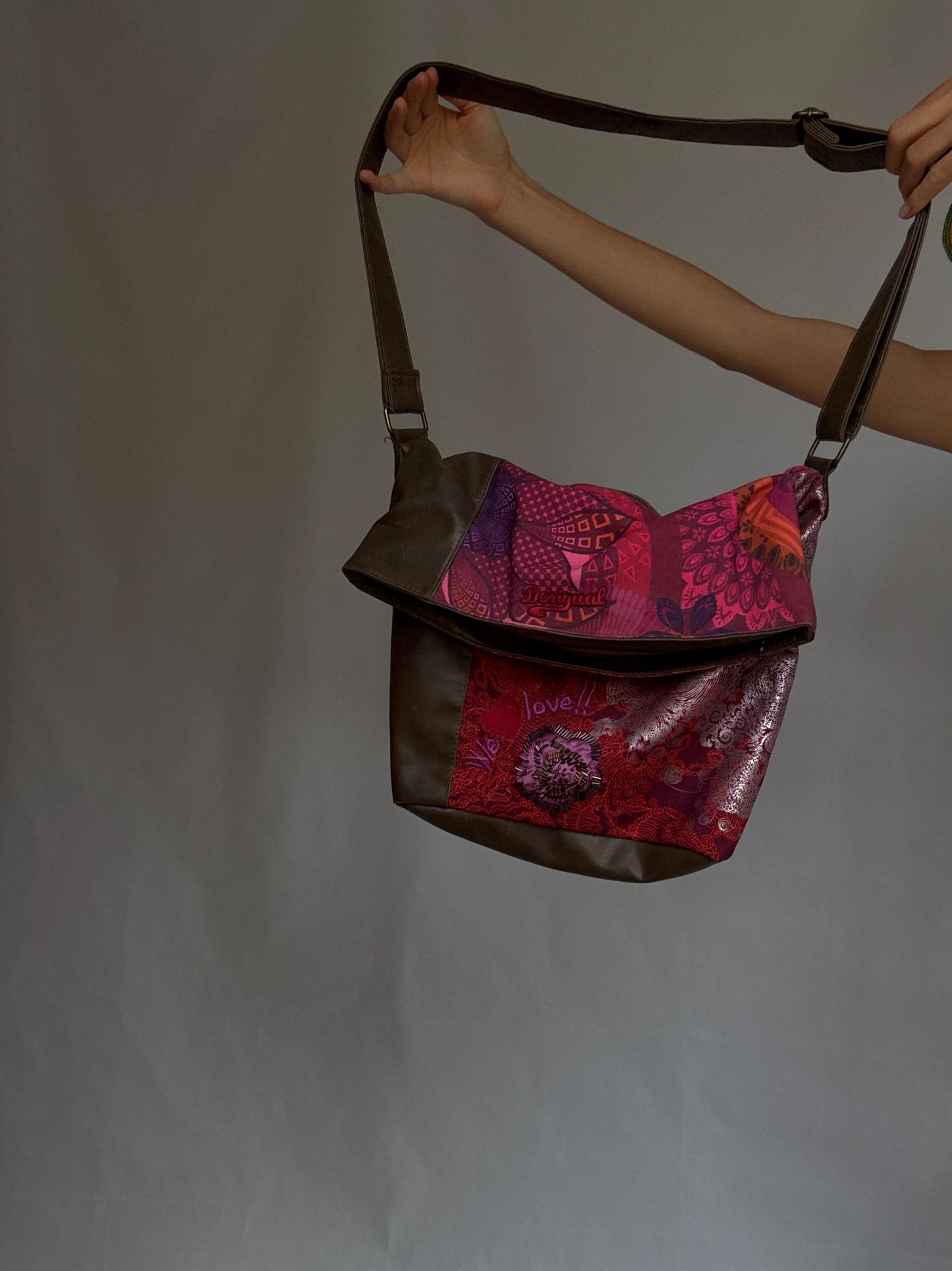 Desigual ebrown crossbody bag, faux leather shoulder bag, colourful patchwork front with beaded flower, eclectic indie, sleaze