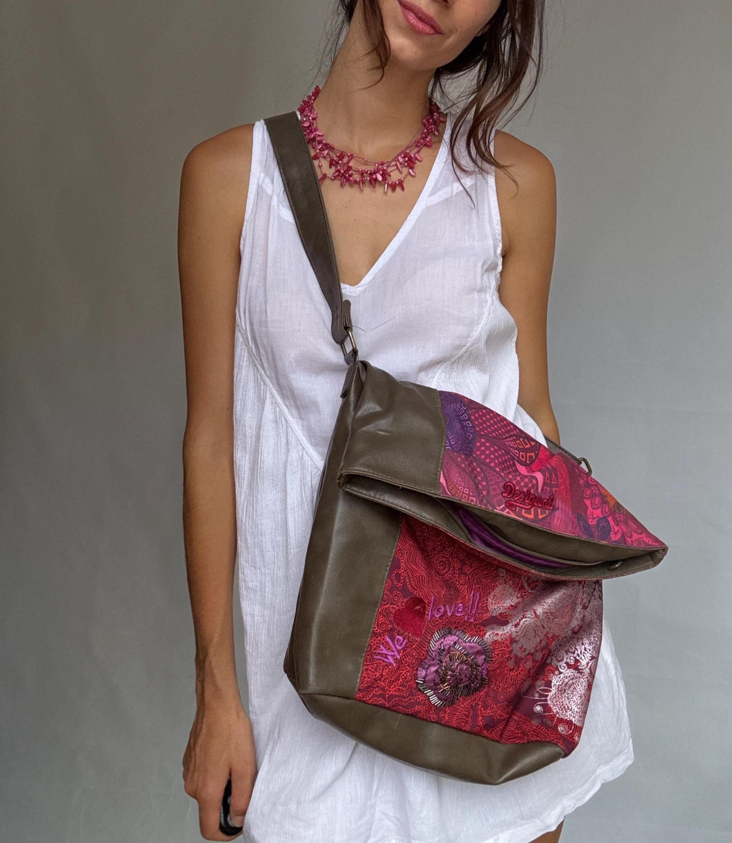 Desigual ebrown crossbody bag, faux leather shoulder bag, colourful patchwork front with beaded flower, eclectic indie, sleaze