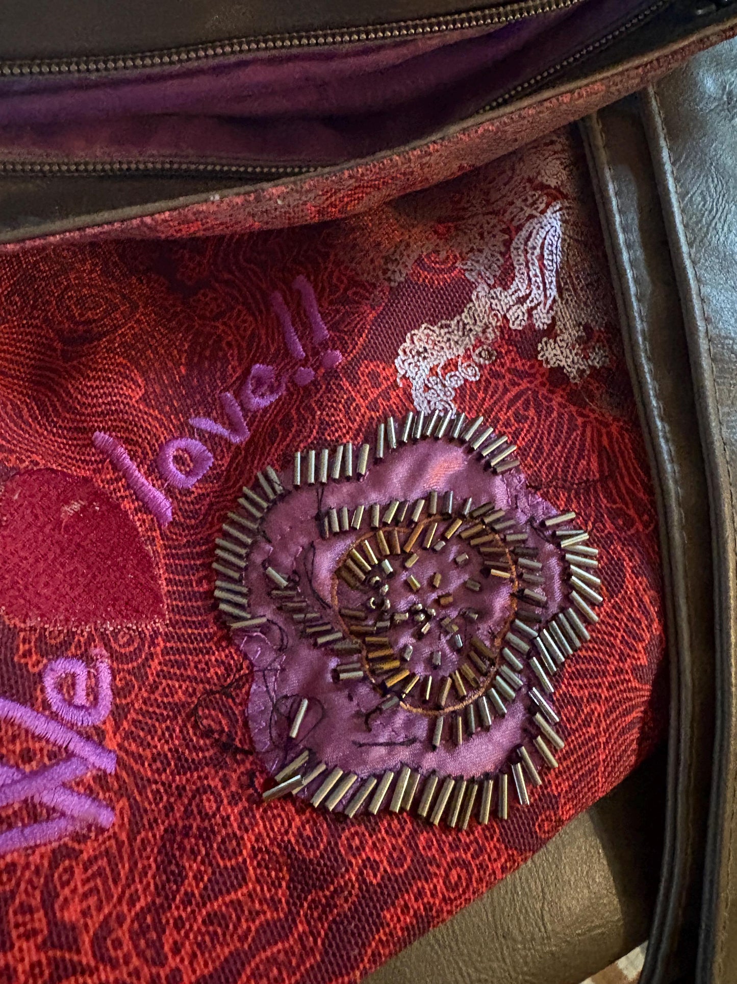 Desigual ebrown crossbody bag, faux leather shoulder bag, colourful patchwork front with beaded flower, eclectic indie, sleaze