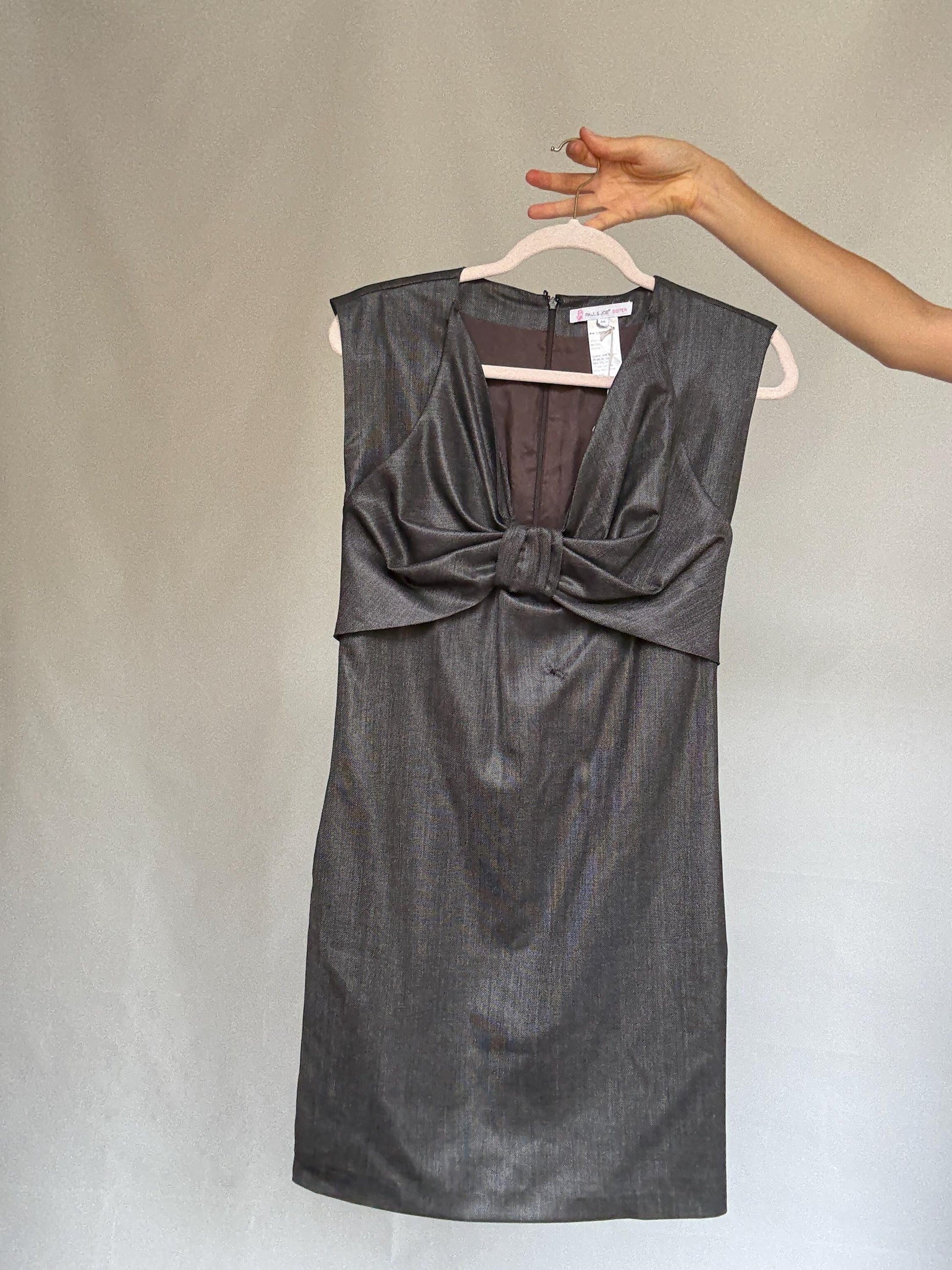 Paul & Joe Sister charcoal wool dress, fitted silhouette, front knot detail, elegant Rooney Mara vibe, US S, office evening wear