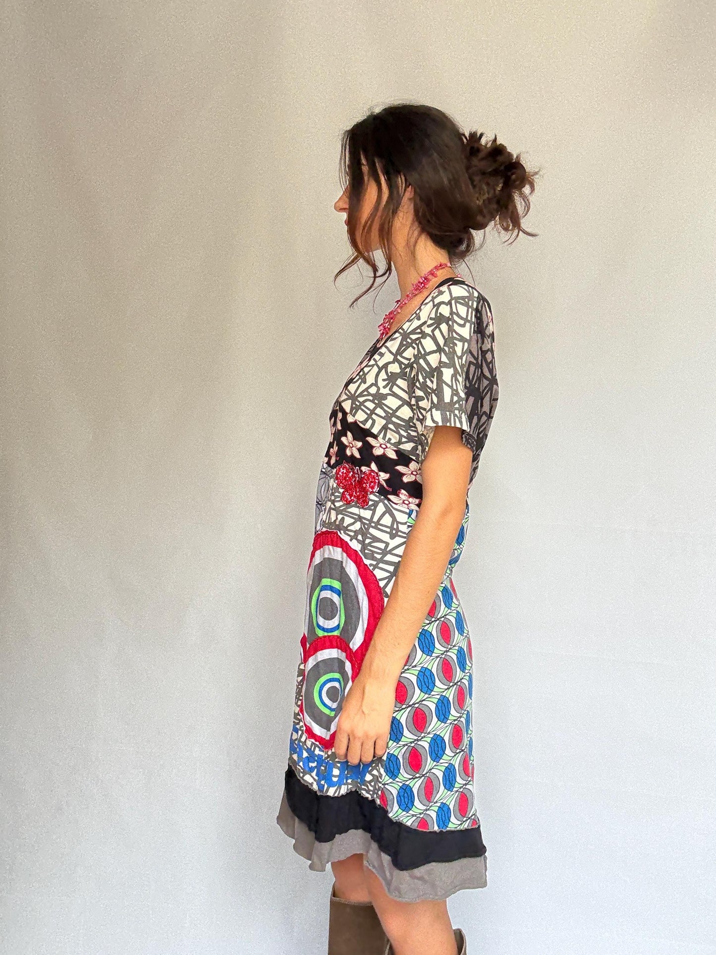 Desigual multicolor patchwork dress, 100% cotton, v, neck fit, eclectic graphic prints, vibrant floral and geometric mix