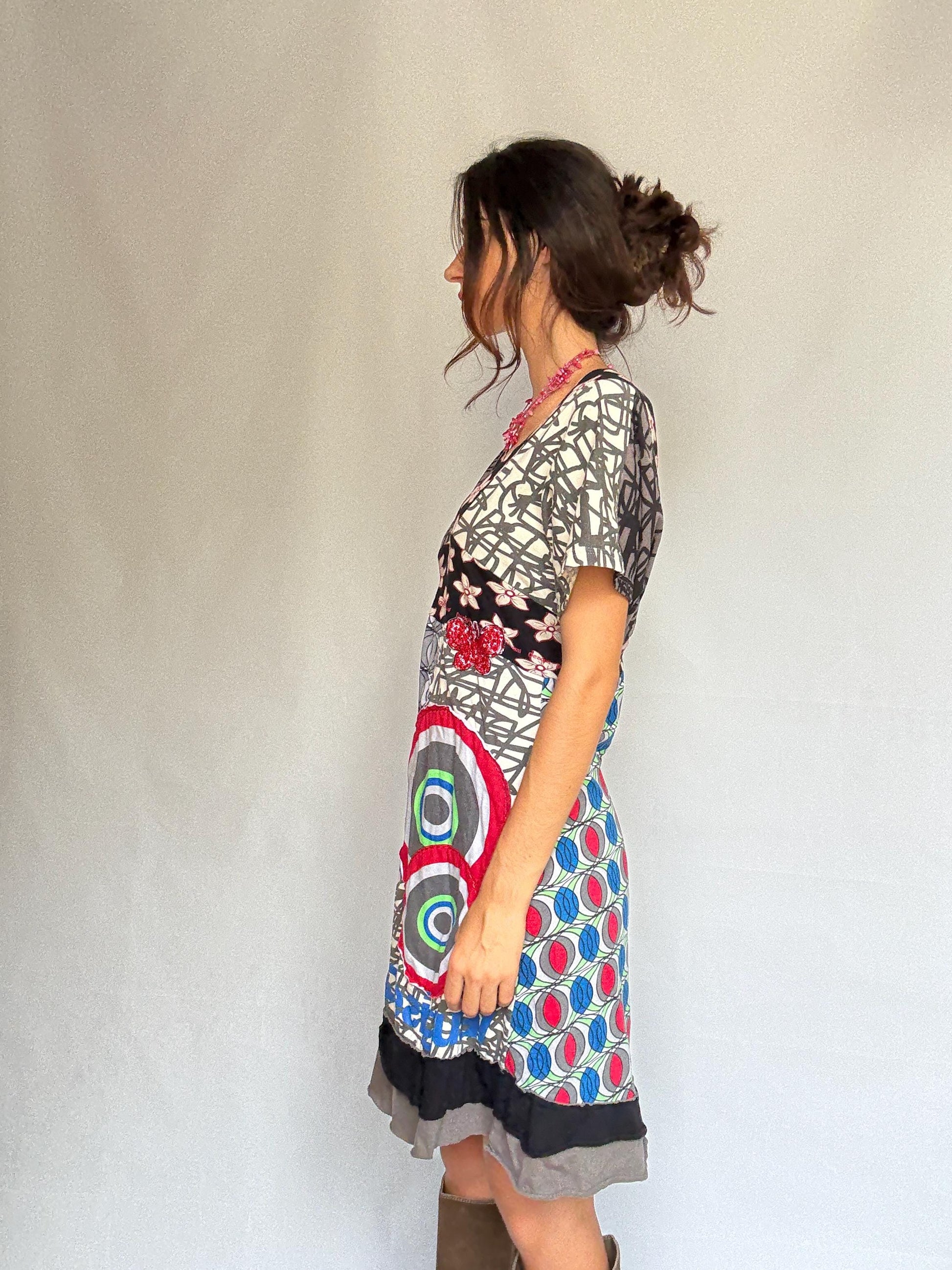 Desigual multicolor patchwork dress, 100% cotton, v, neck fit, eclectic graphic prints, vibrant floral and geometric mix