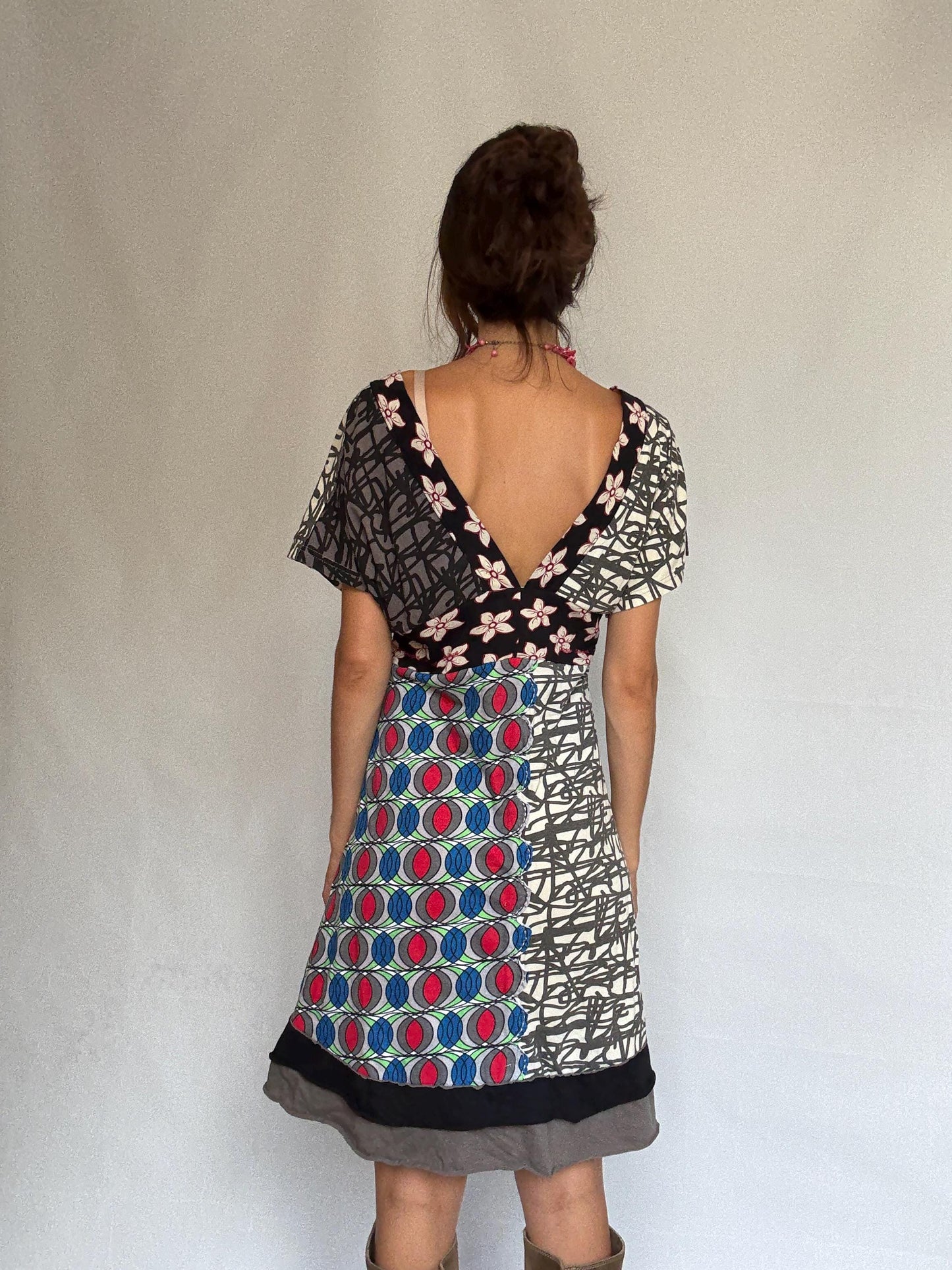 Desigual multicolor patchwork dress, 100% cotton, v, neck fit, eclectic graphic prints, vibrant floral and geometric mix