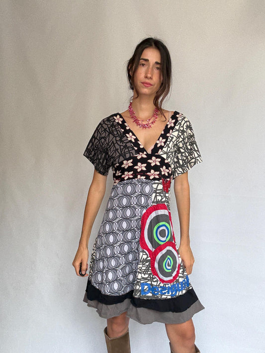Desigual multicolor patchwork dress, 100% cotton, v, neck fit, eclectic graphic prints, vibrant floral and geometric mix