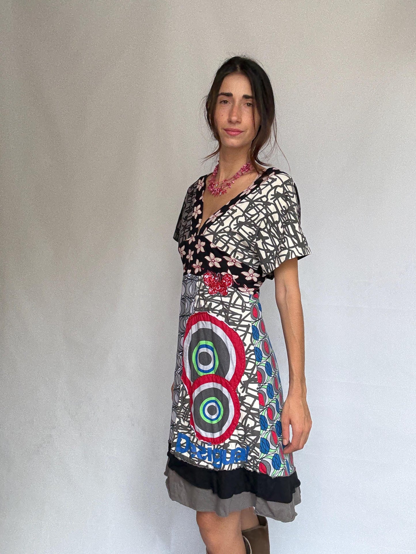 Desigual multicolor patchwork dress, 100% cotton, v, neck fit, eclectic graphic prints, vibrant floral and geometric mix