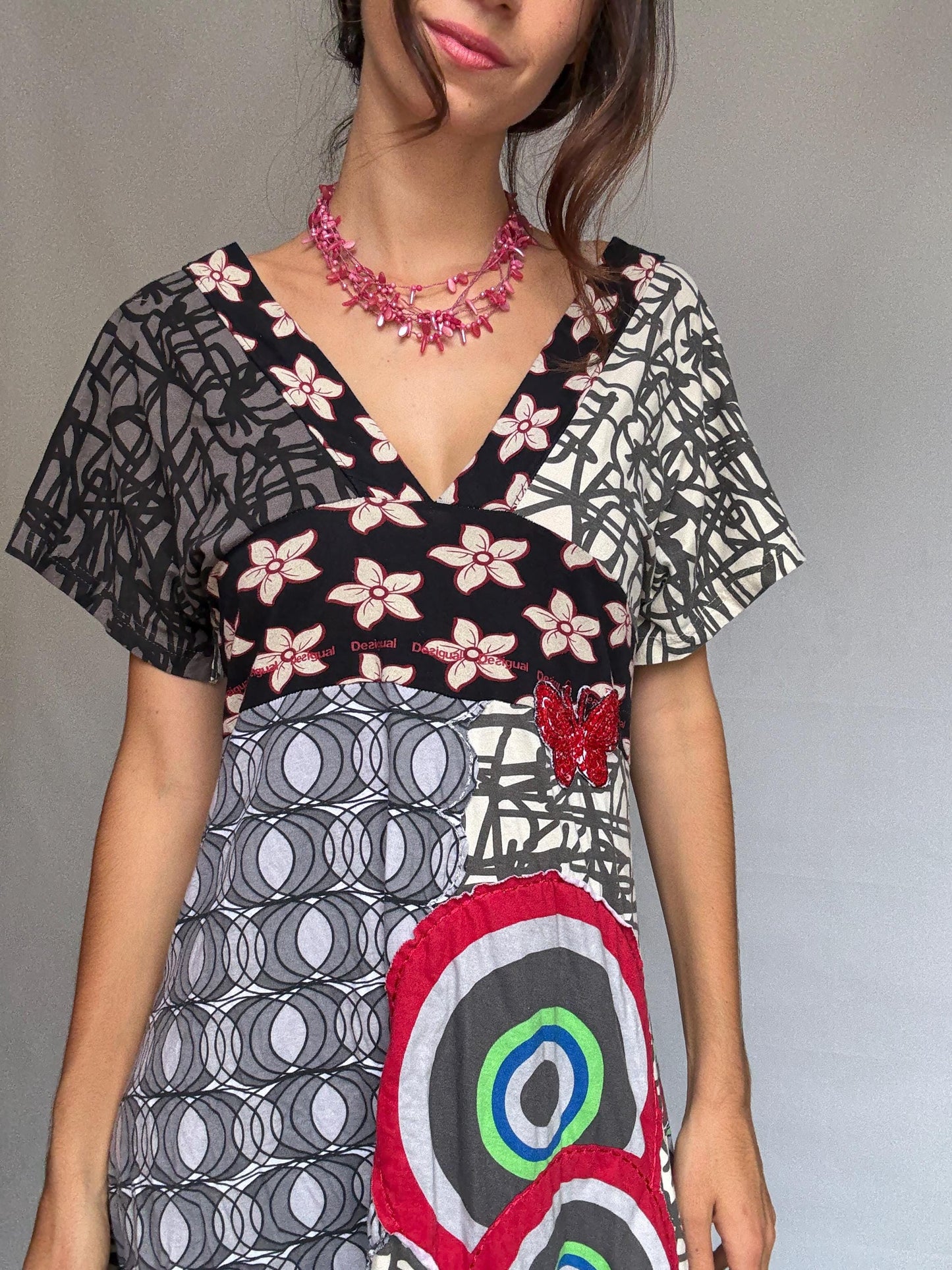 Desigual multicolor patchwork dress, 100% cotton, v, neck fit, eclectic graphic prints, vibrant floral and geometric mix
