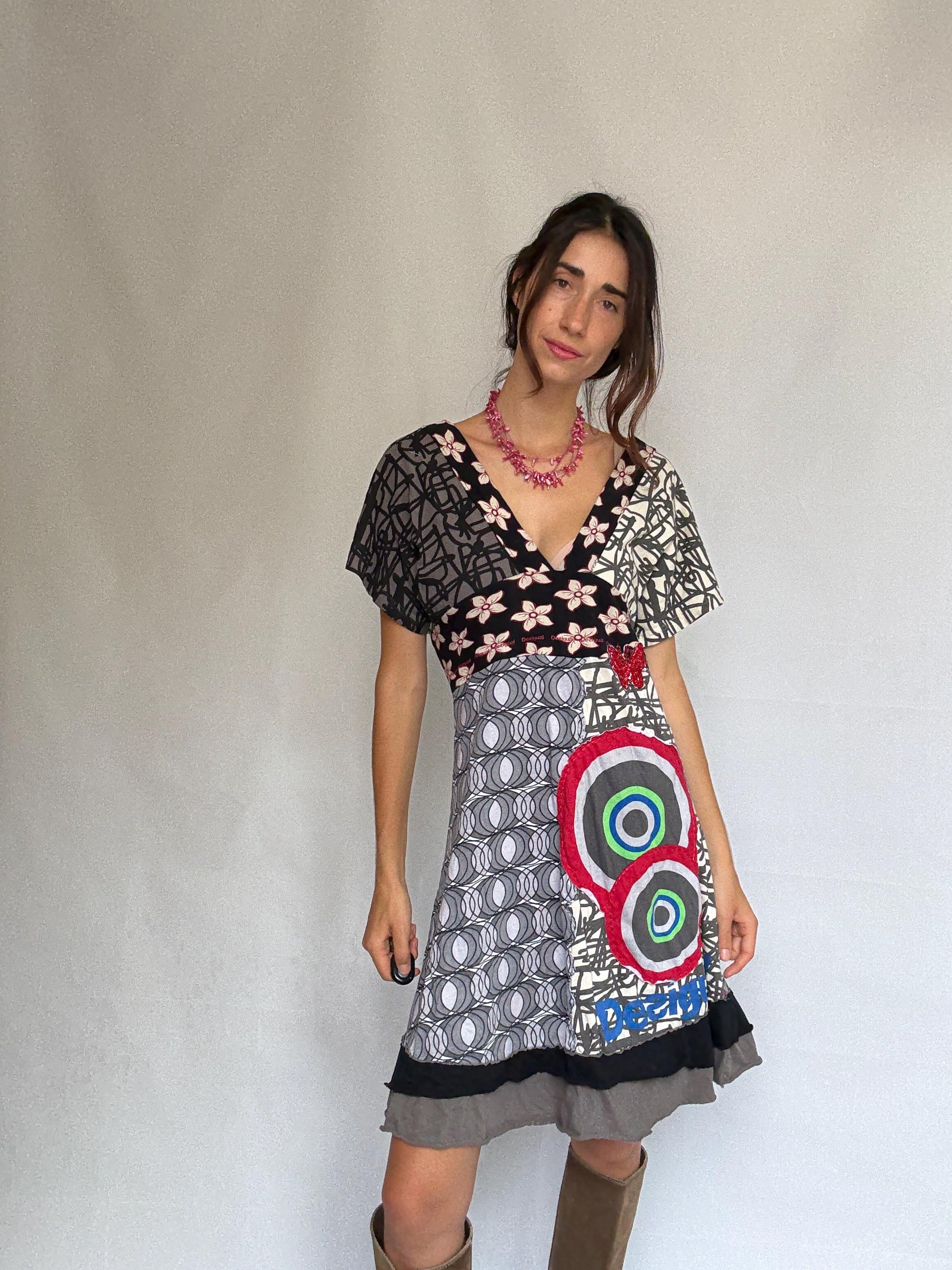 Desigual multicolor patchwork dress, 100% cotton, v, neck fit, eclectic graphic prints, vibrant floral and geometric mix