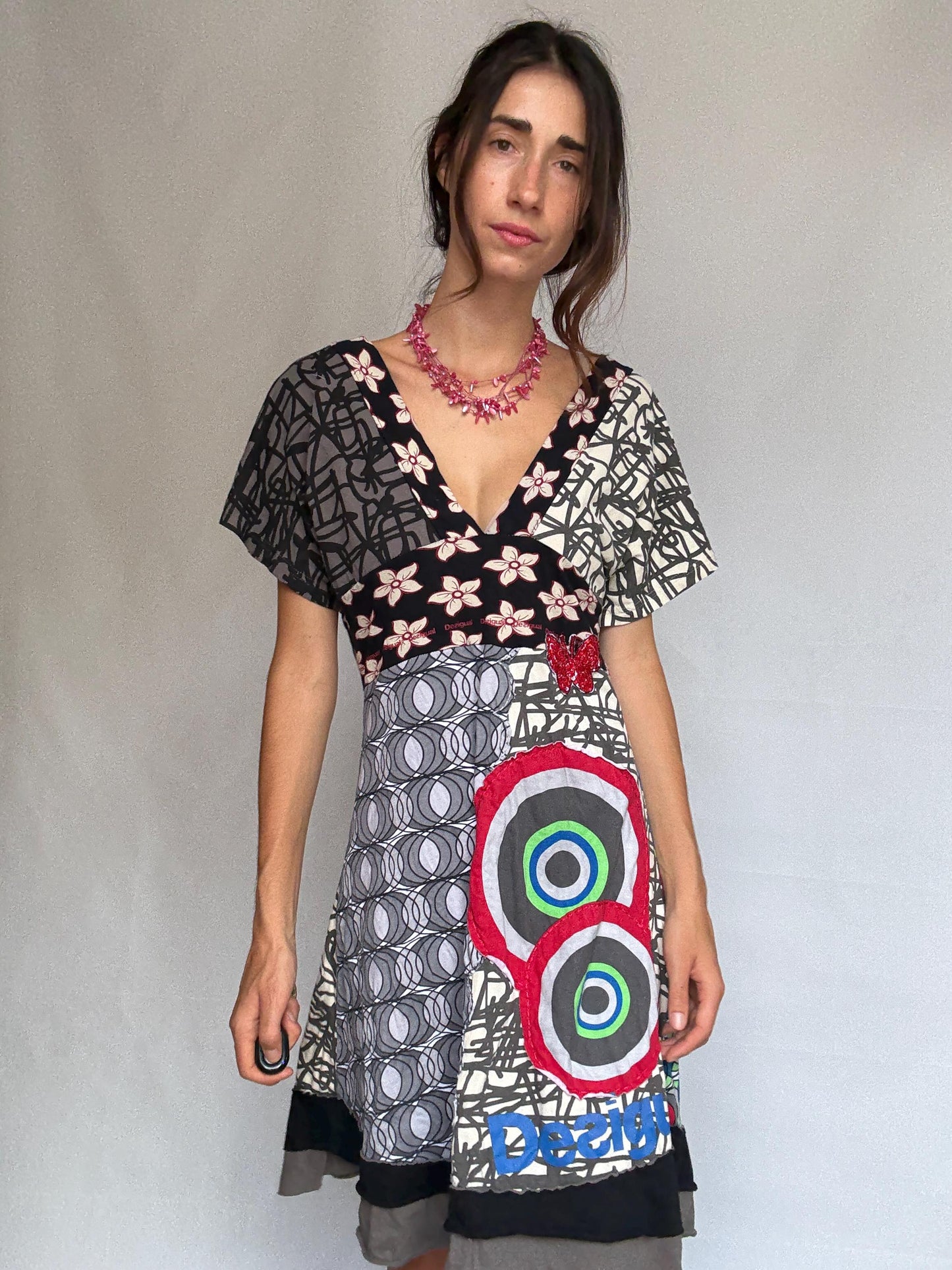 Desigual multicolor patchwork dress, 100% cotton, v, neck fit, eclectic graphic prints, vibrant floral and geometric mix