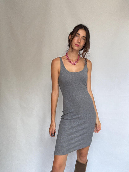 Dark gray sleeveless dress, metallic feel, form, fitting silhouette, round neckline, sparkly knit texture, y2k vibe, US XS, party evening