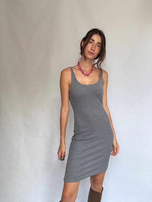 Dark gray sleeveless dress, metallic feel, form, fitting silhouette, round neckline, sparkly knit texture, y2k vibe, US XS, party evening