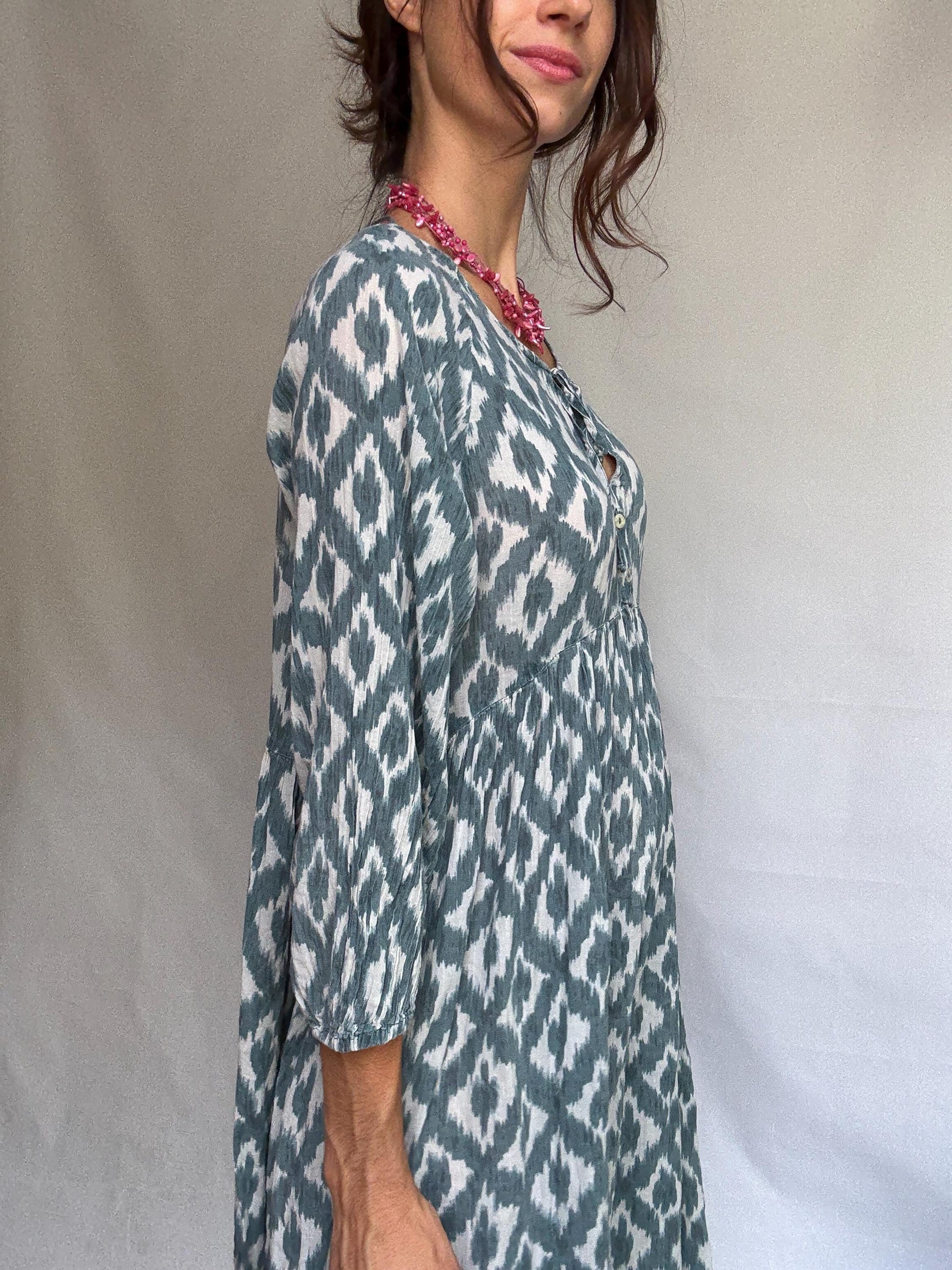 Oysho blue and white ikat dress, 100% cotton, relaxed fit, gathered waist, bold print, bohemian, US M, casual summer wear
