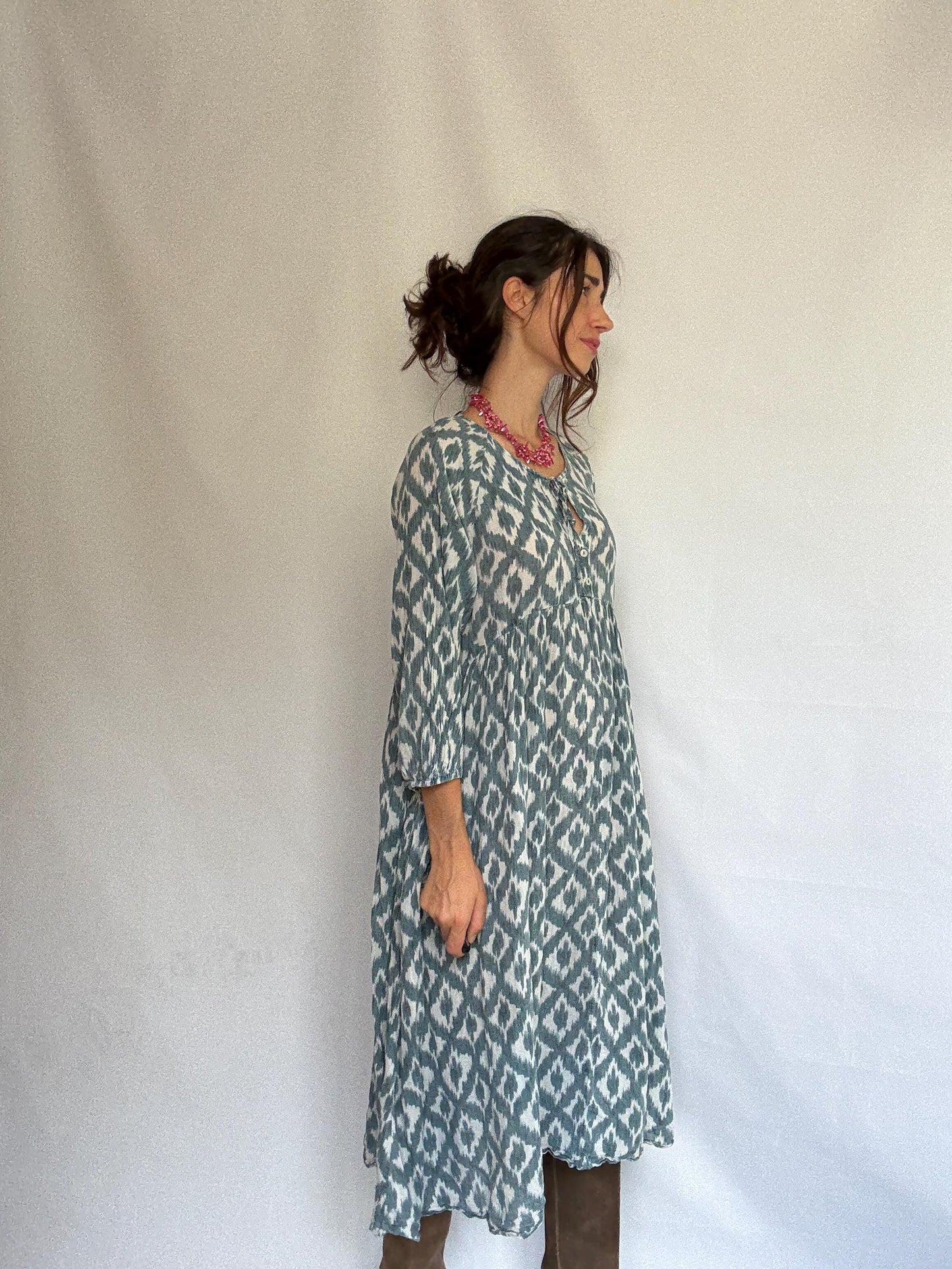 Oysho blue and white ikat dress, 100% cotton, relaxed fit, gathered waist, bold print, bohemian, US M, casual summer wear