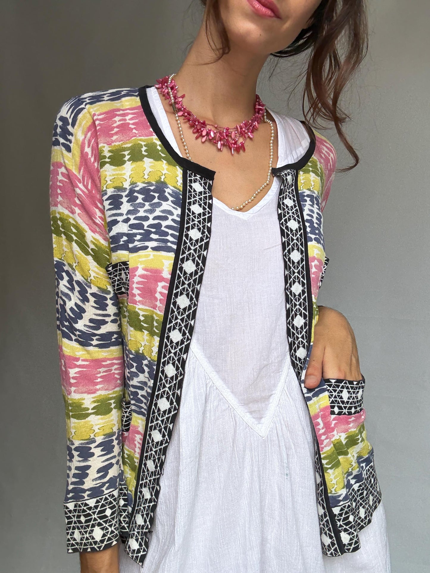 Purificacion Garcia vibrant multicolor vest, 100% cotton, open front, geometric trim detail, bohemian style Alice Dellal, US M