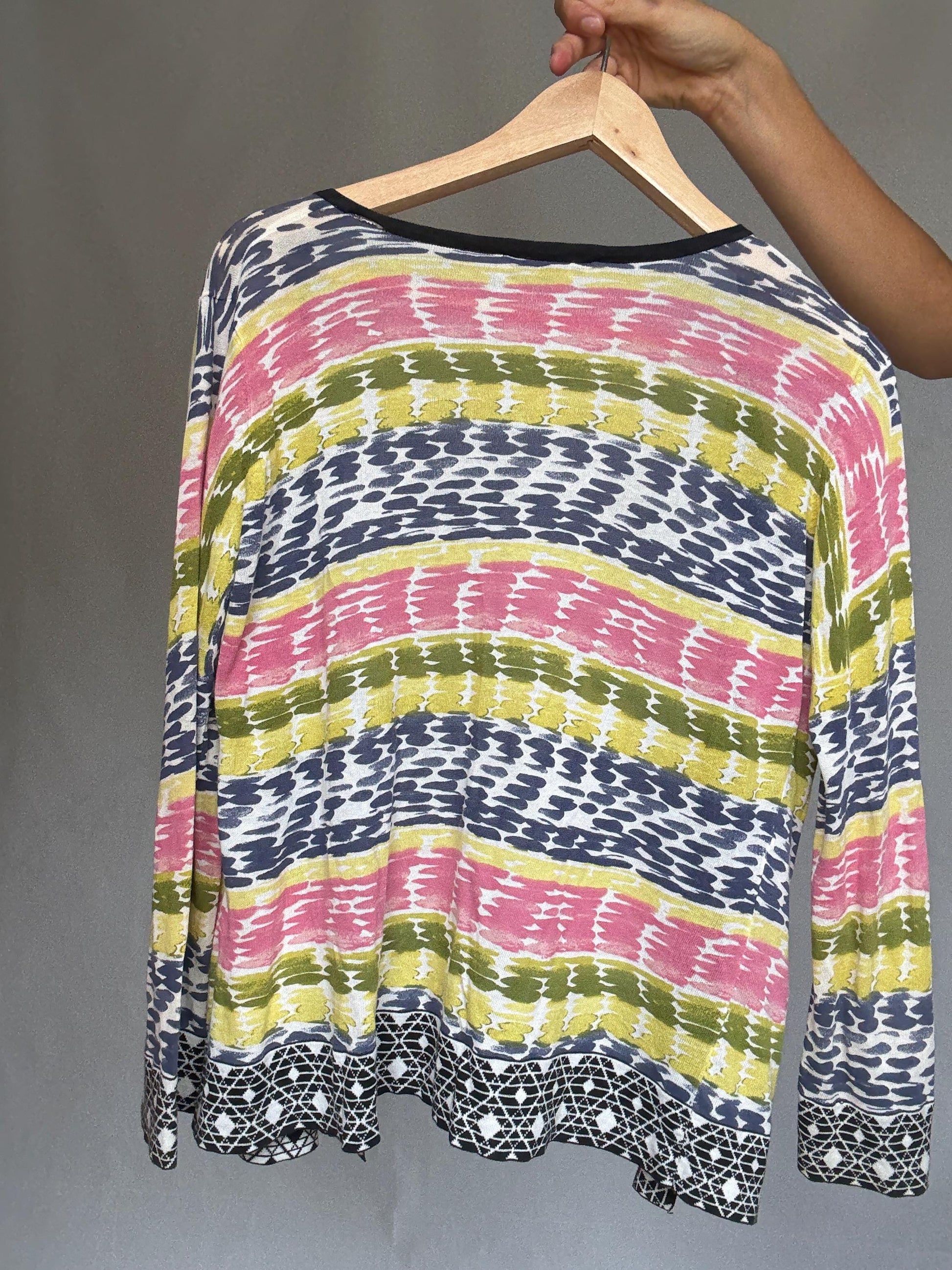 Purificacion Garcia vibrant multicolor vest, 100% cotton, open front, geometric trim detail, bohemian style Alice Dellal, US M