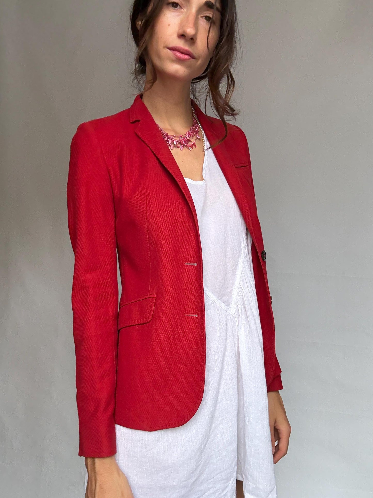 Massimo Dutti red blazer, cotton, tailored fit, classic lapel, vibrant red, minimalist chic, US S, office professional