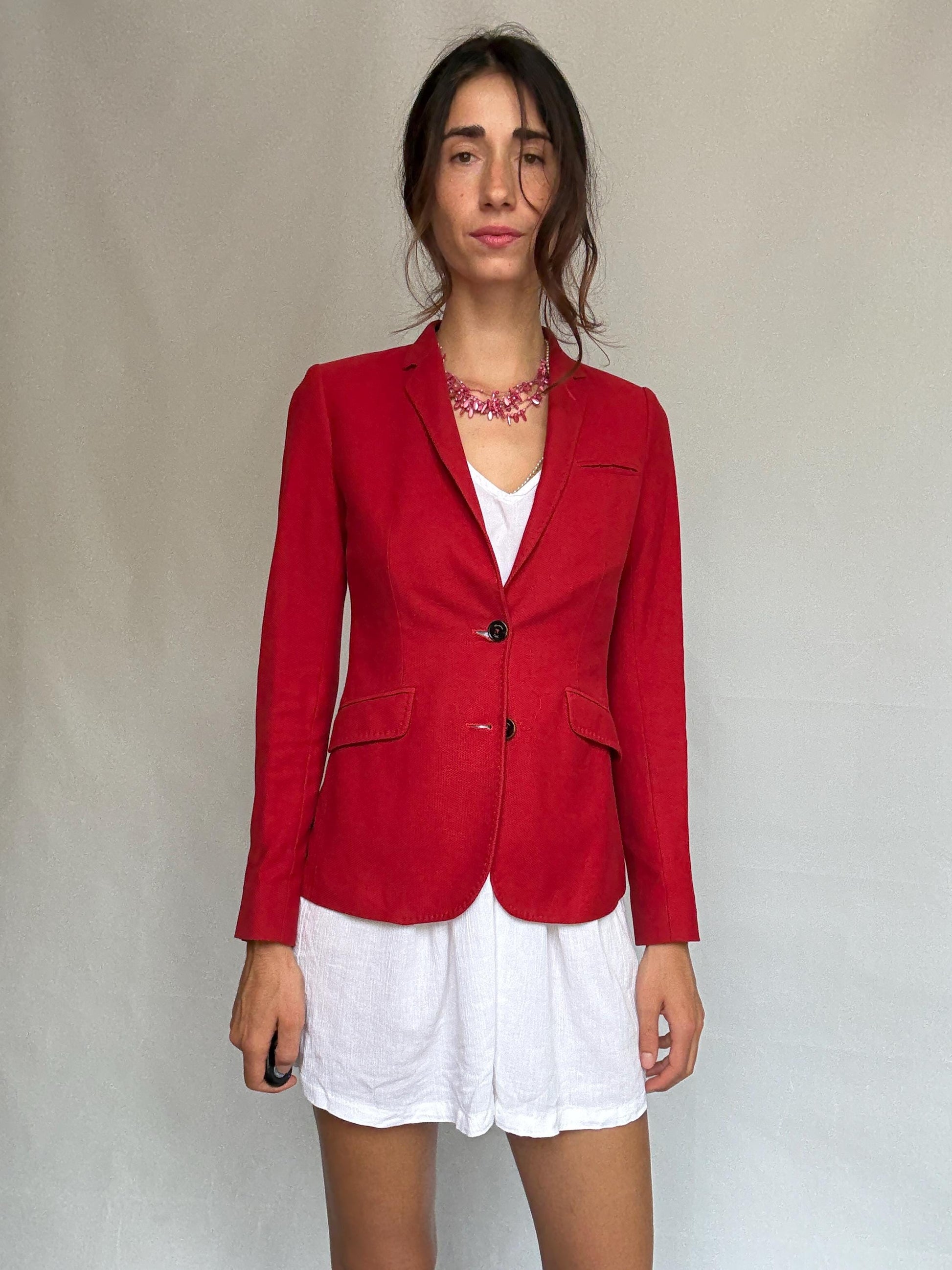 Massimo Dutti red blazer, cotton, tailored fit, classic lapel, vibrant red, minimalist chic, US S, office professional