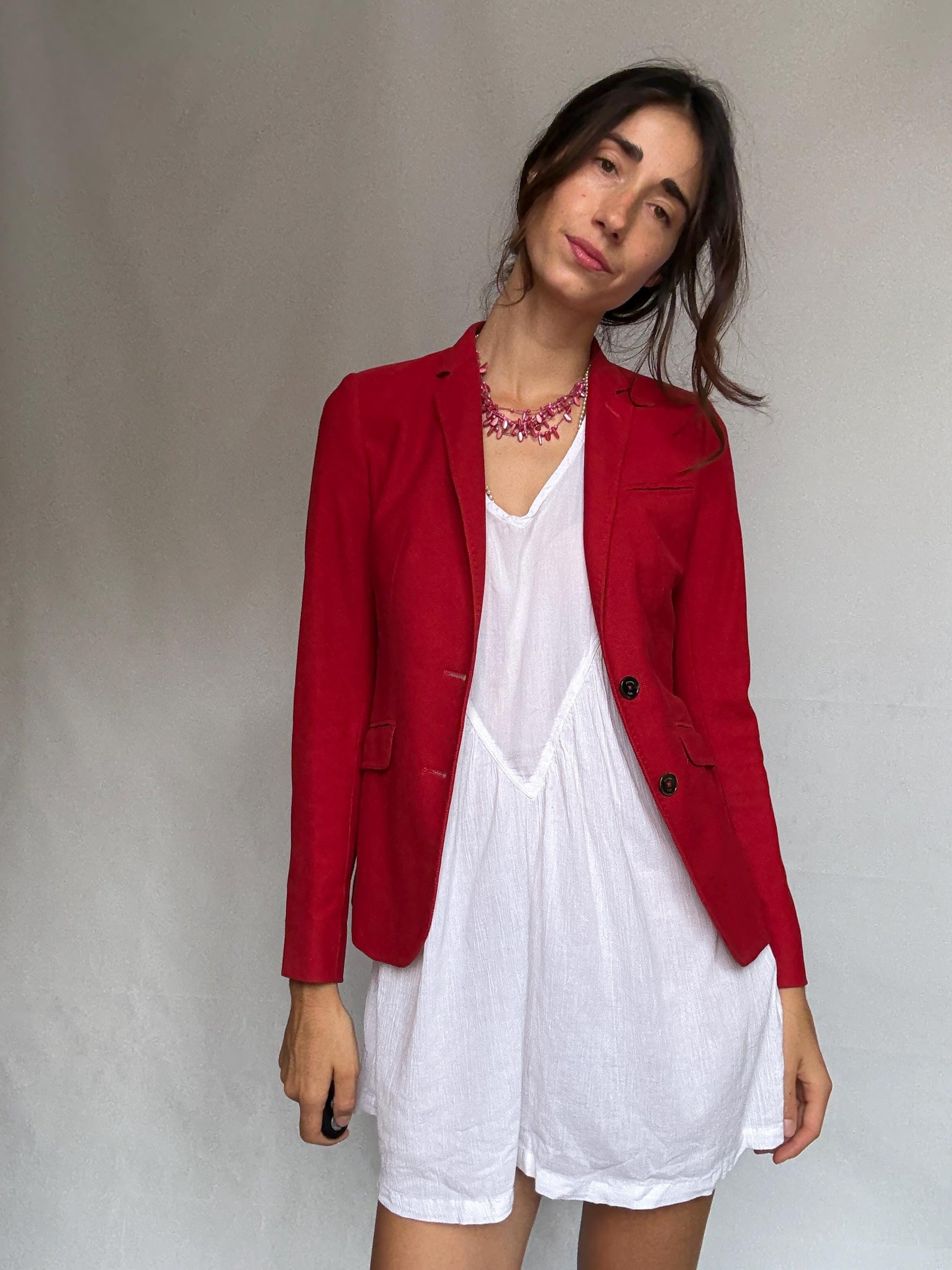Massimo Dutti red blazer, cotton, tailored fit, classic lapel, vibrant red, minimalist chic, US S, office professional