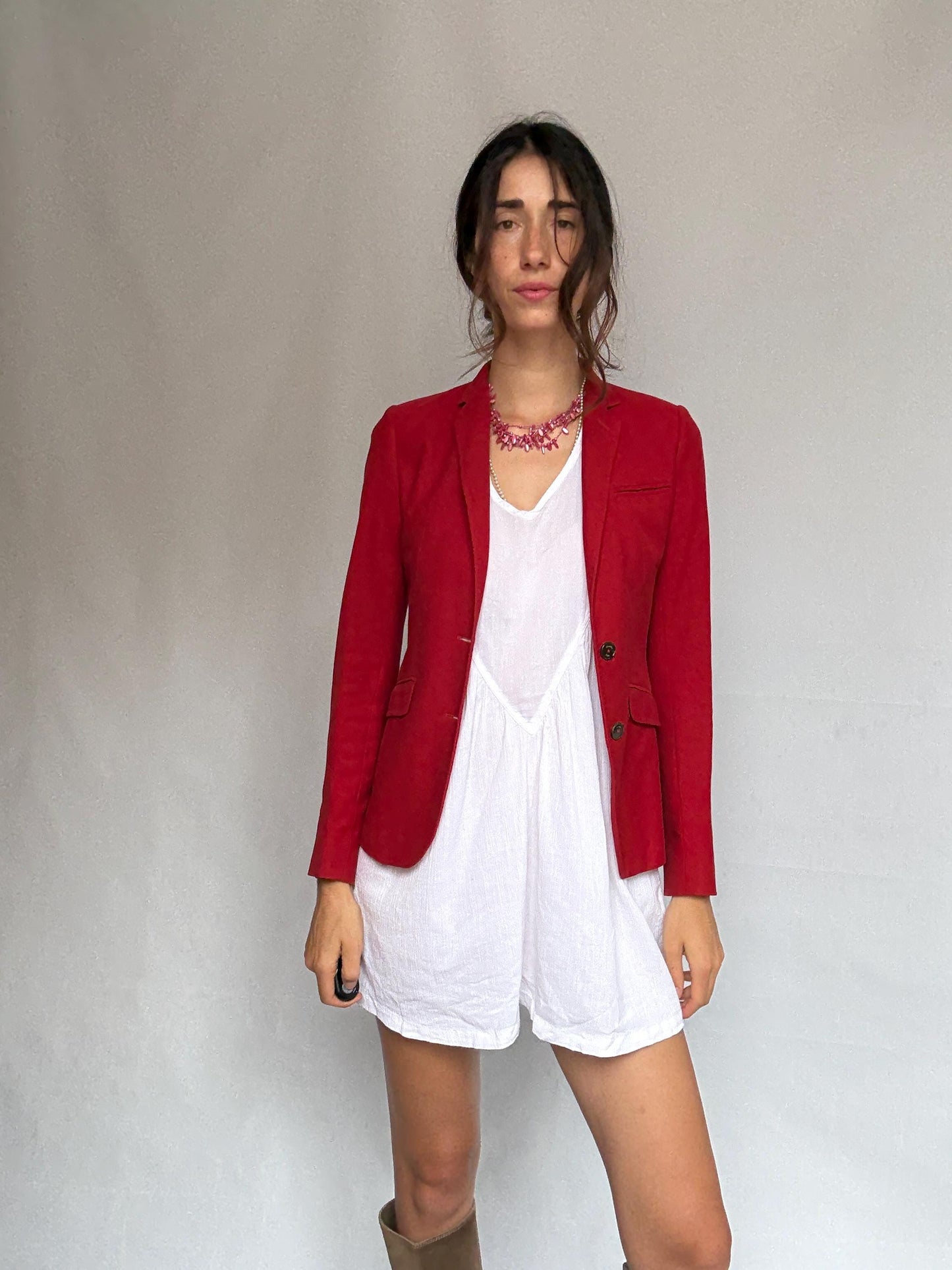 Massimo Dutti red blazer, cotton, tailored fit, classic lapel, vibrant red, minimalist chic, US S, office professional