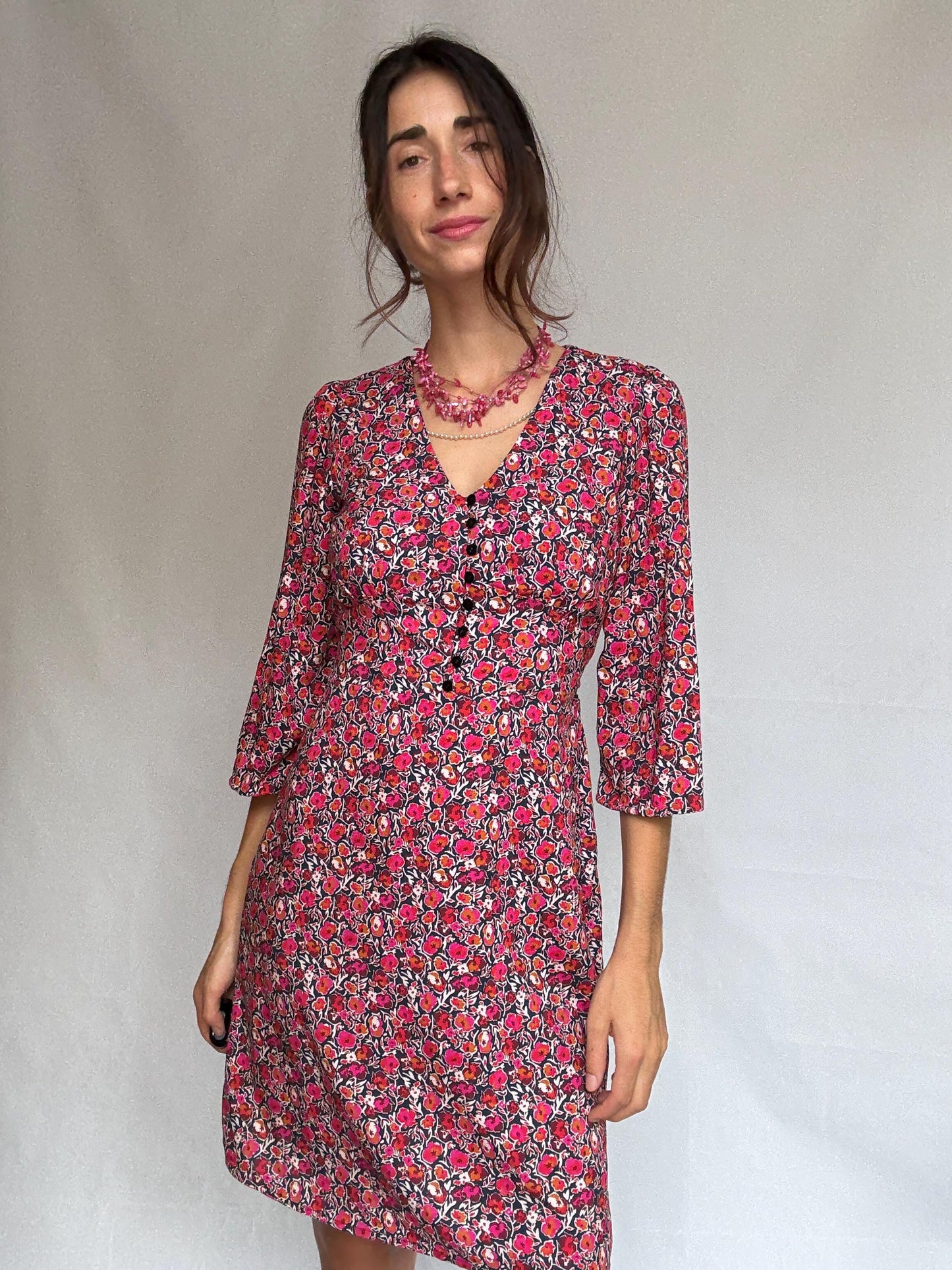 La Fee Maraboutee black floral dress, 100% viscose, flared silhouette, button, down front, vibrant floral pattern, casual romantic, US S