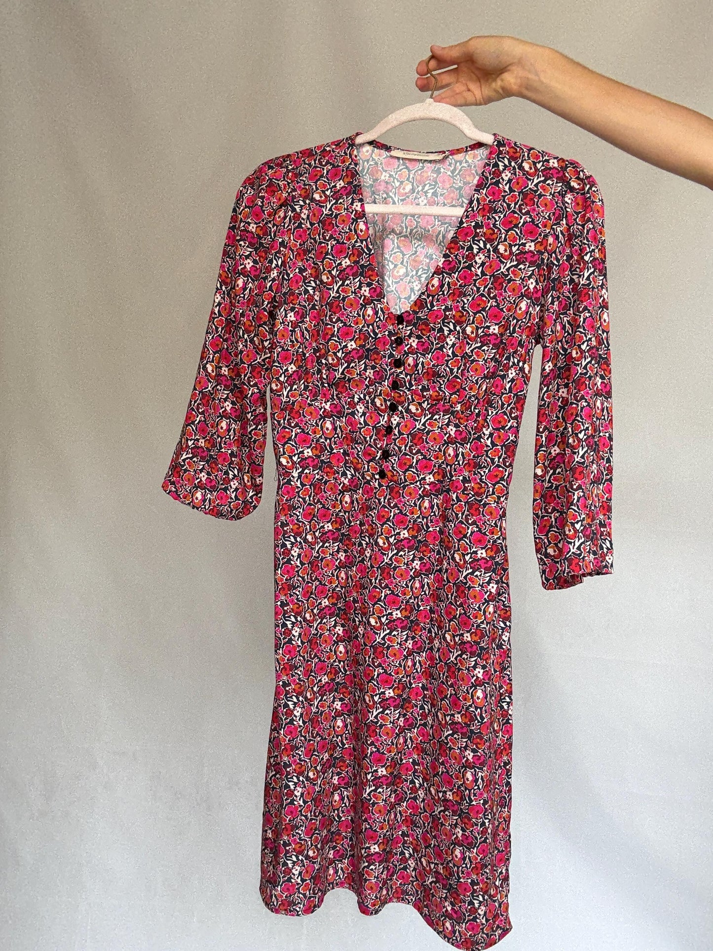 La Fee Maraboutee black floral dress, 100% viscose, flared silhouette, button, down front, vibrant floral pattern, casual romantic, US S