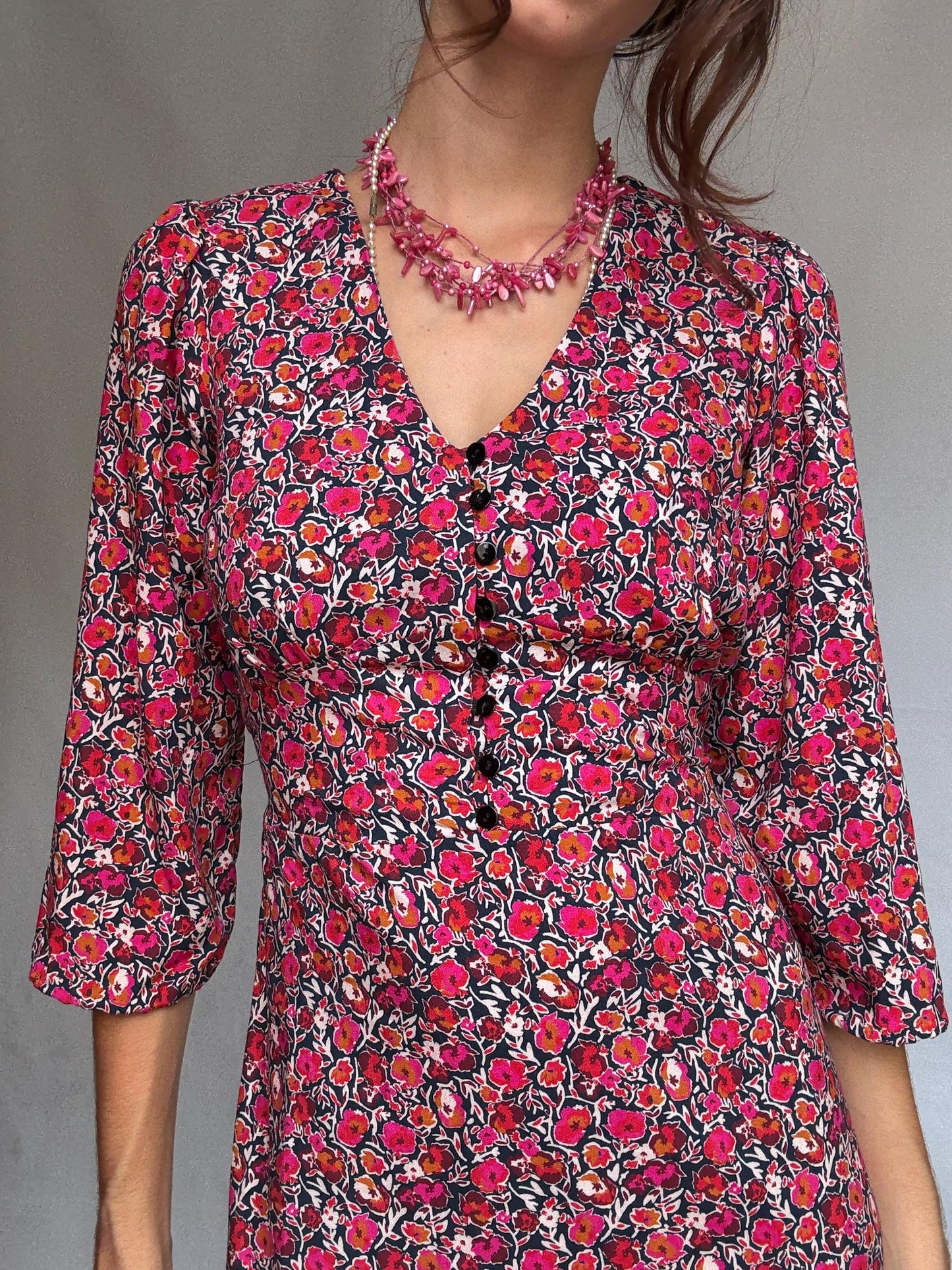 La Fee Maraboutee black floral dress, 100% viscose, flared silhouette, button, down front, vibrant floral pattern, casual romantic, US S