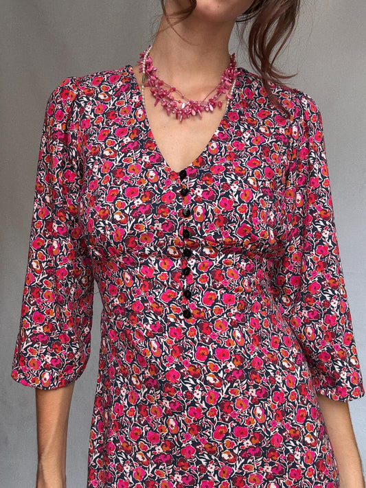 La Fee Maraboutee black floral dress, 100% viscose, flared silhouette, button, down front, vibrant floral pattern, casual romantic, US S