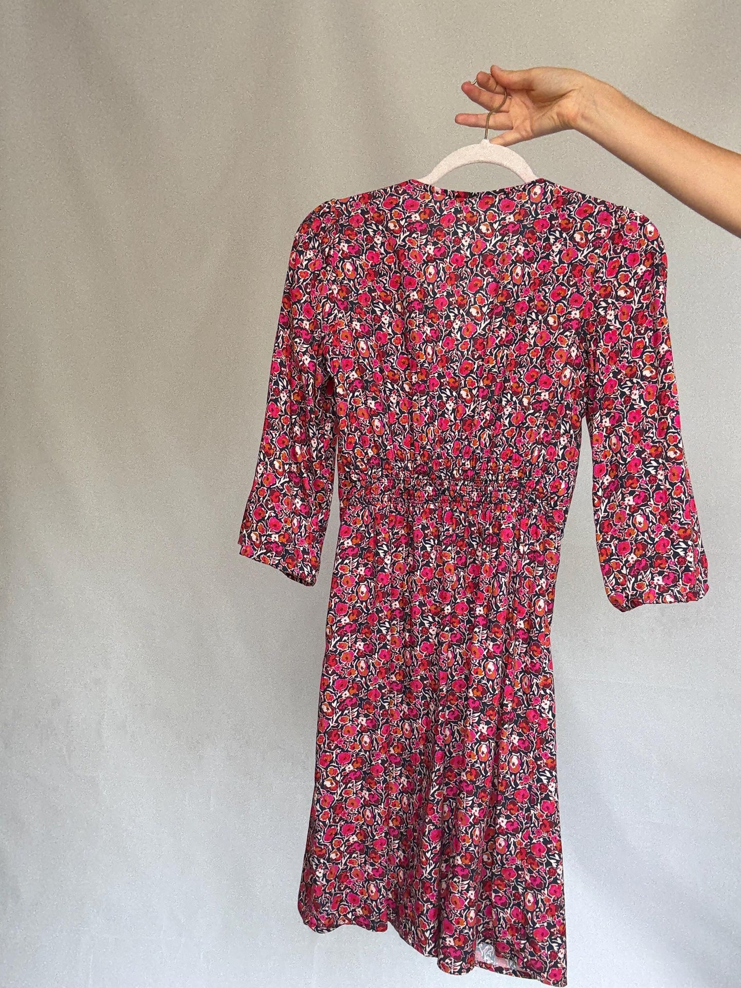 La Fee Maraboutee black floral dress, 100% viscose, flared silhouette, button, down front, vibrant floral pattern, casual romantic, US S