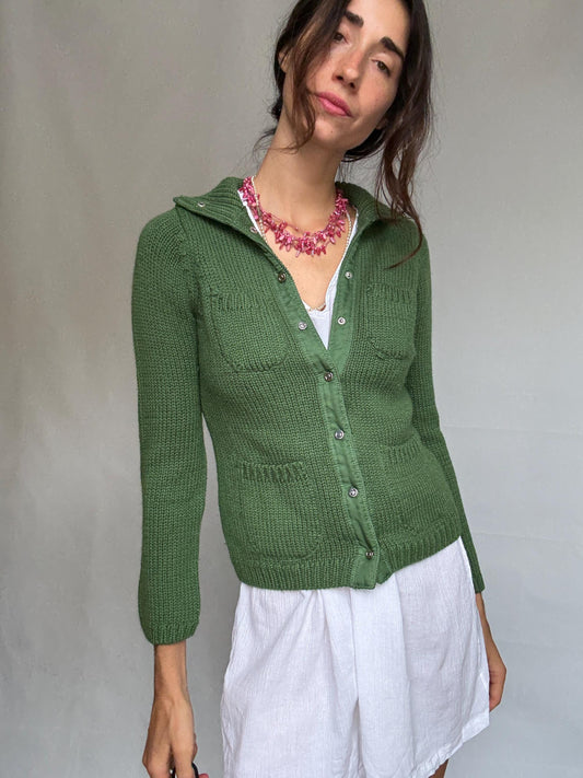 Adolfo Domínguez green cardigan, wool blend, versatile fit, button front to turtleneck, textured knit pattern, elegant casual, US S