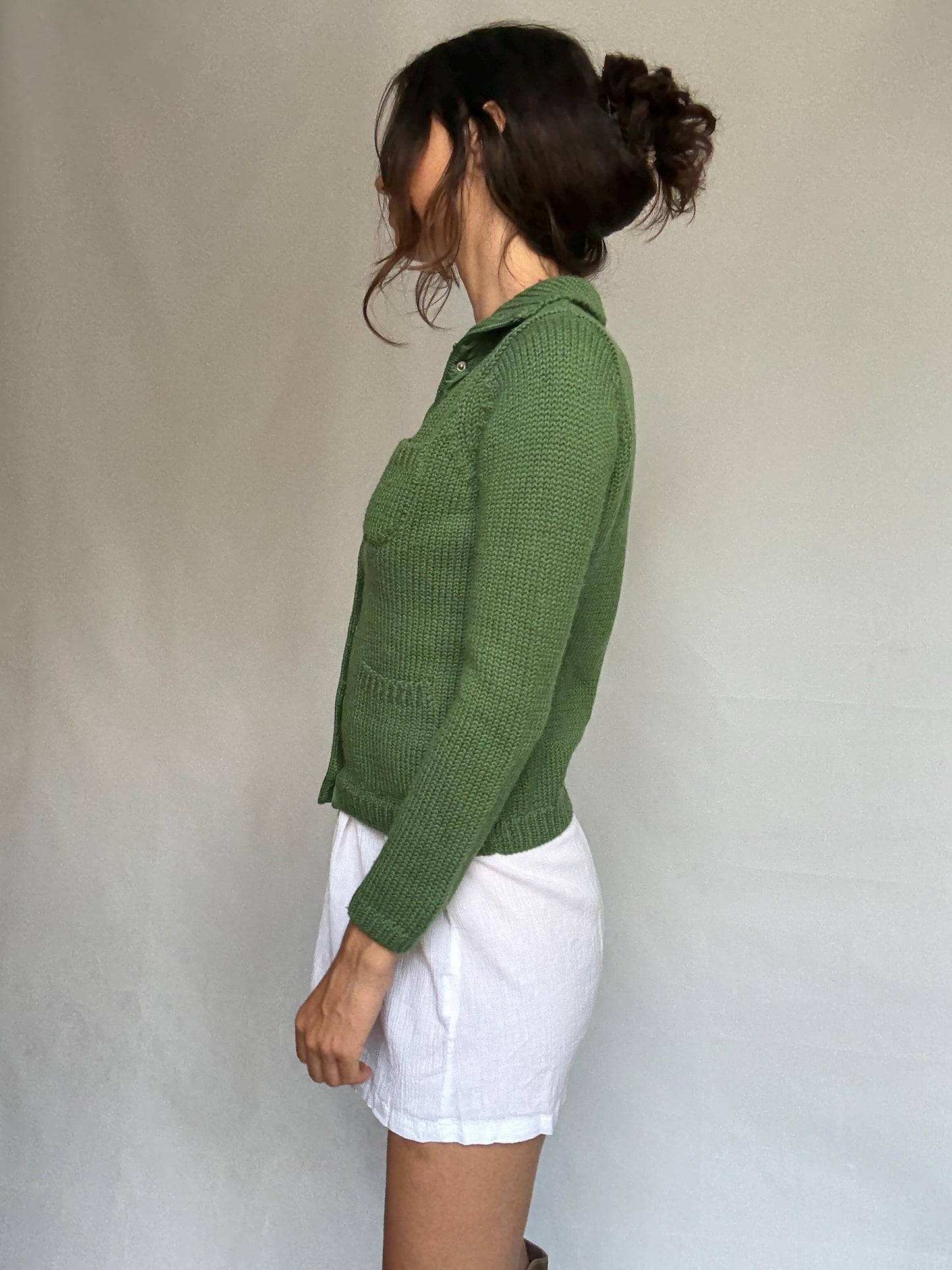 Adolfo Domínguez green cardigan, wool blend, versatile fit, button front to turtleneck, textured knit pattern, elegant casual, US S