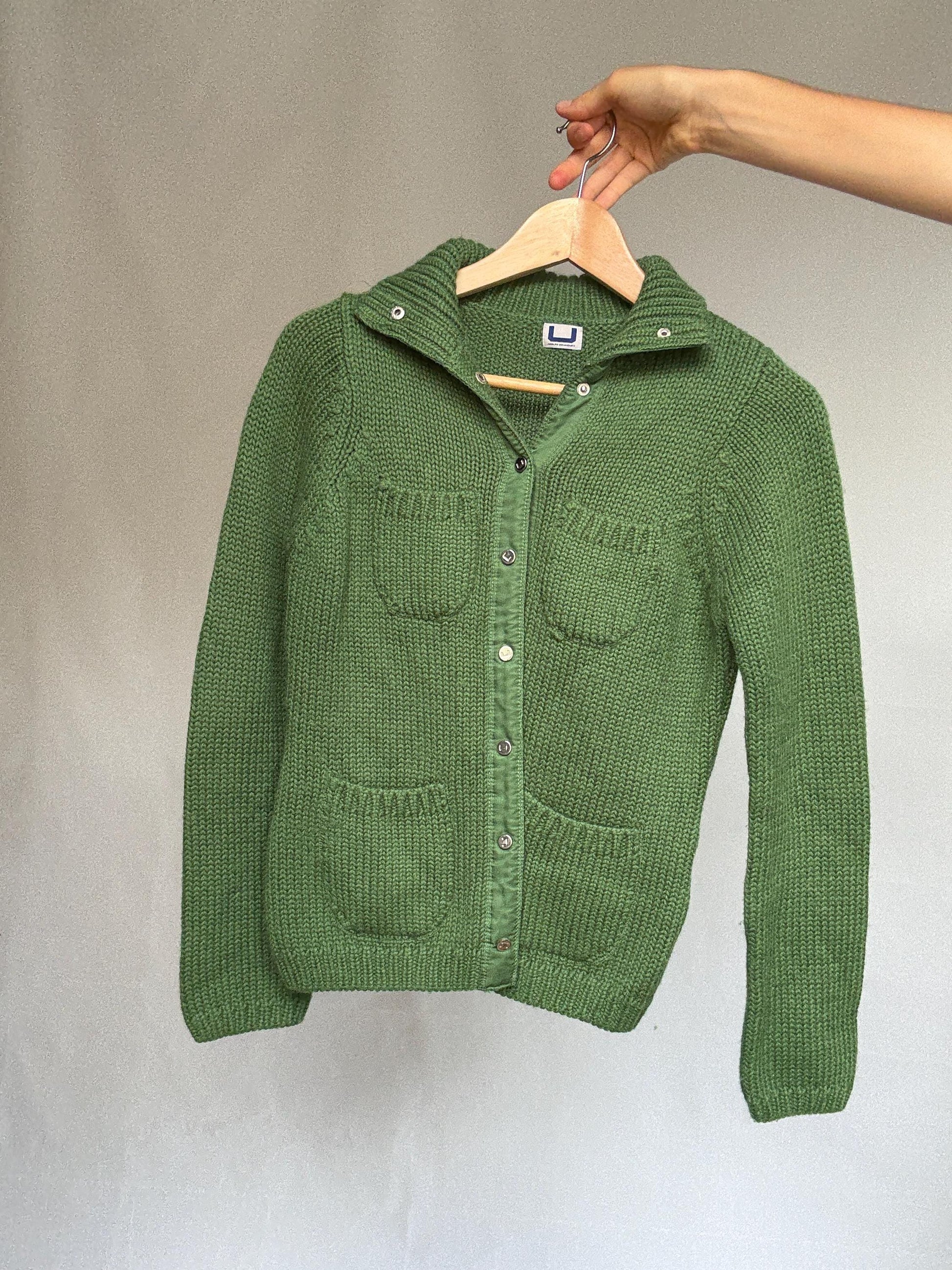 Adolfo Domínguez green cardigan, wool blend, versatile fit, button front to turtleneck, textured knit pattern, elegant casual, US S