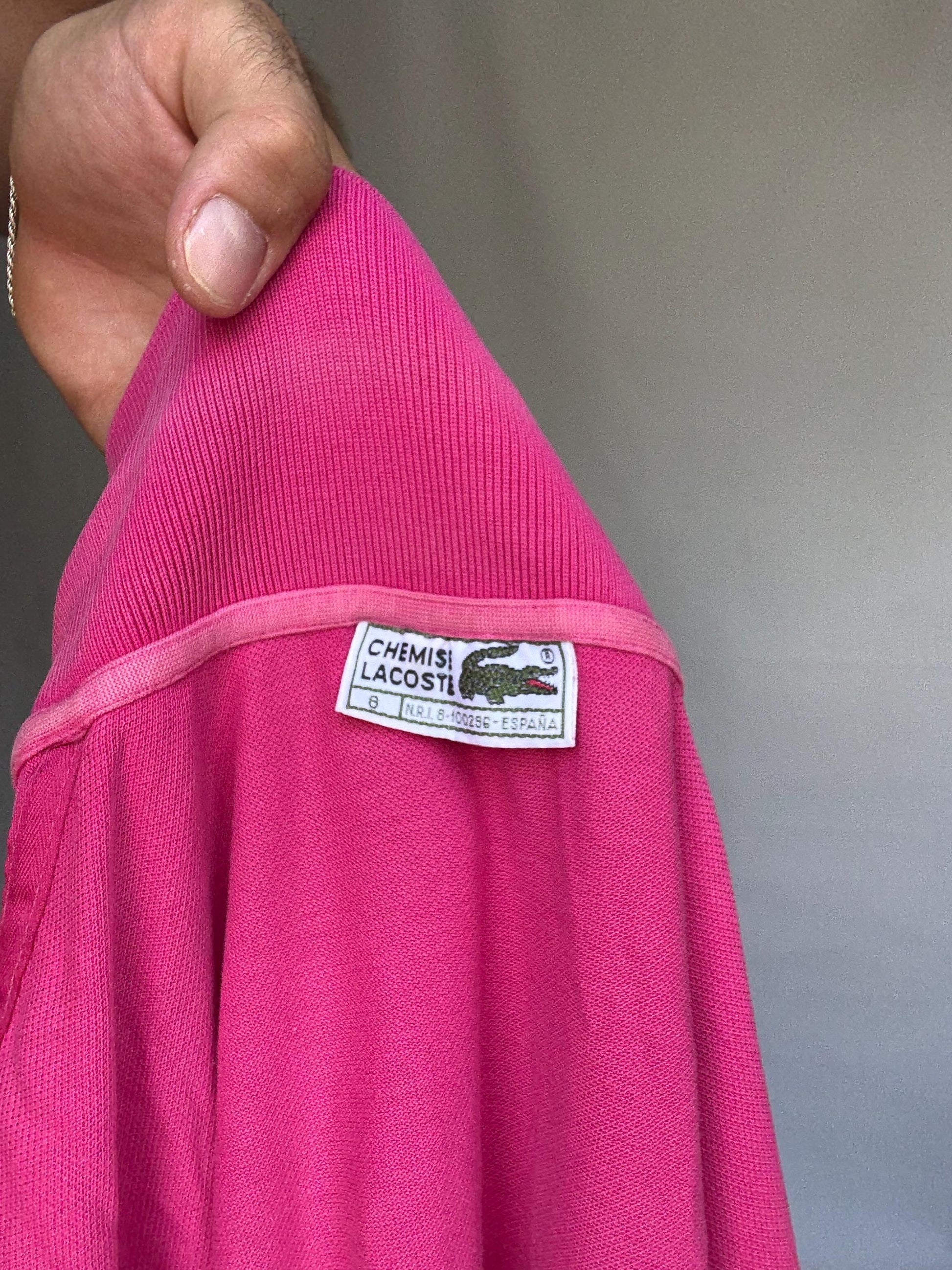 Vintage Lacoste pink polo shirt, 100% cotton, classic fit, buttoned placket, crocodile logo detail, preppy Carolyn bessette, kennedy, US L