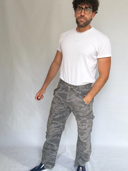 Vintage Gray Camo Cargo Pants — fabric close-up