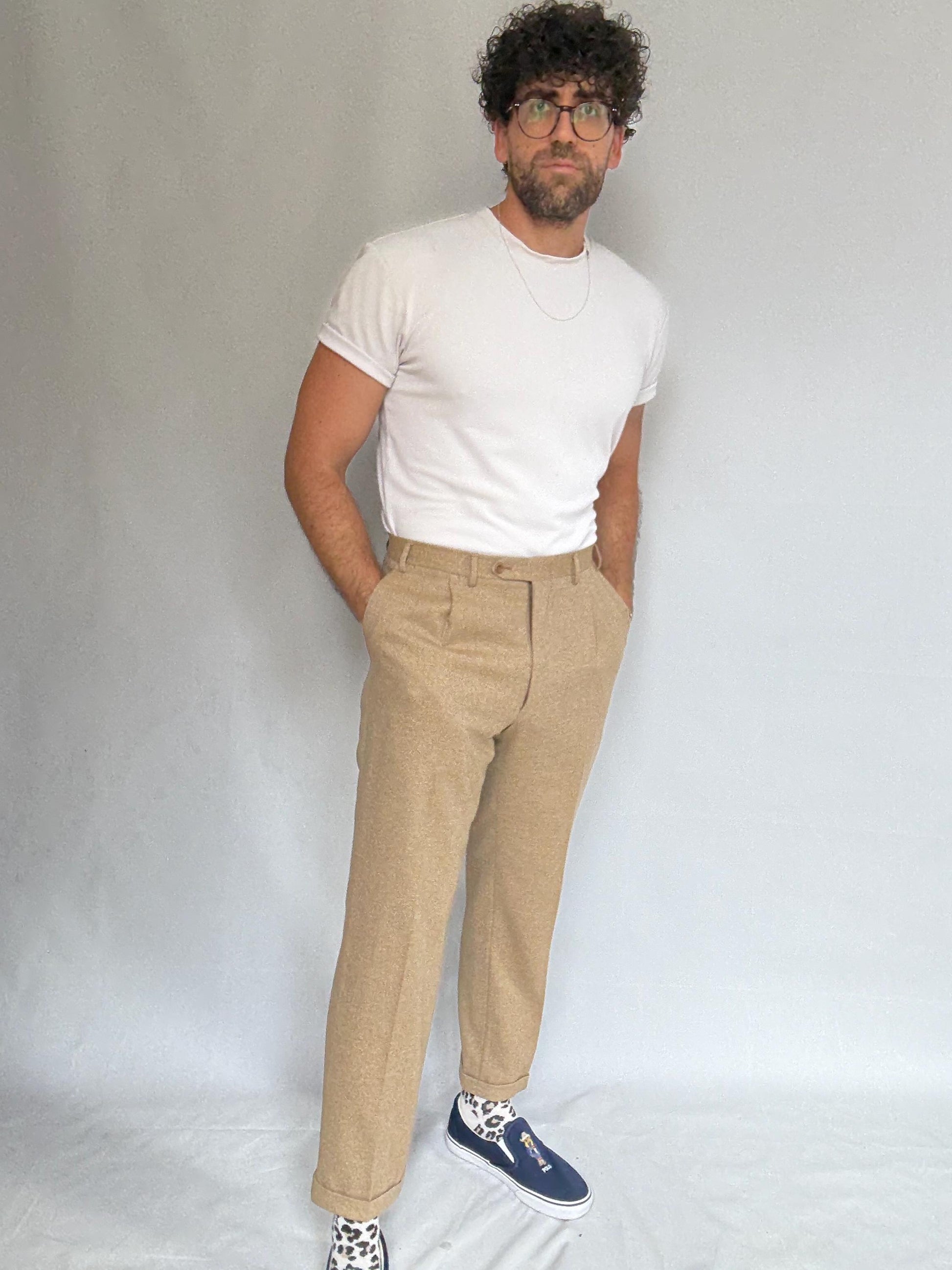 Vintage Canali tan trousers, 100% pure new wool, classic tapered fit, made in italy, Woolmark certified, old money, US L, formal wear,zipper