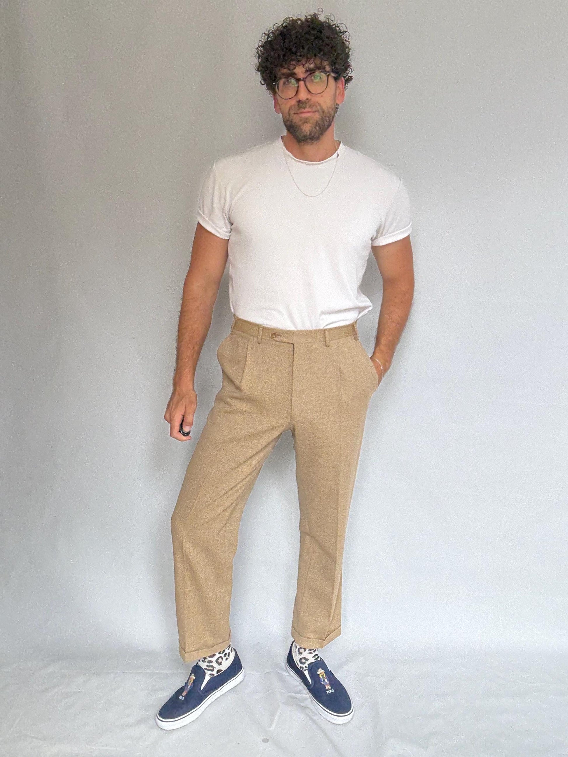 Vintage Canali tan trousers, 100% pure new wool, classic tapered fit, made in italy, Woolmark certified, old money, US L, formal wear,zipper