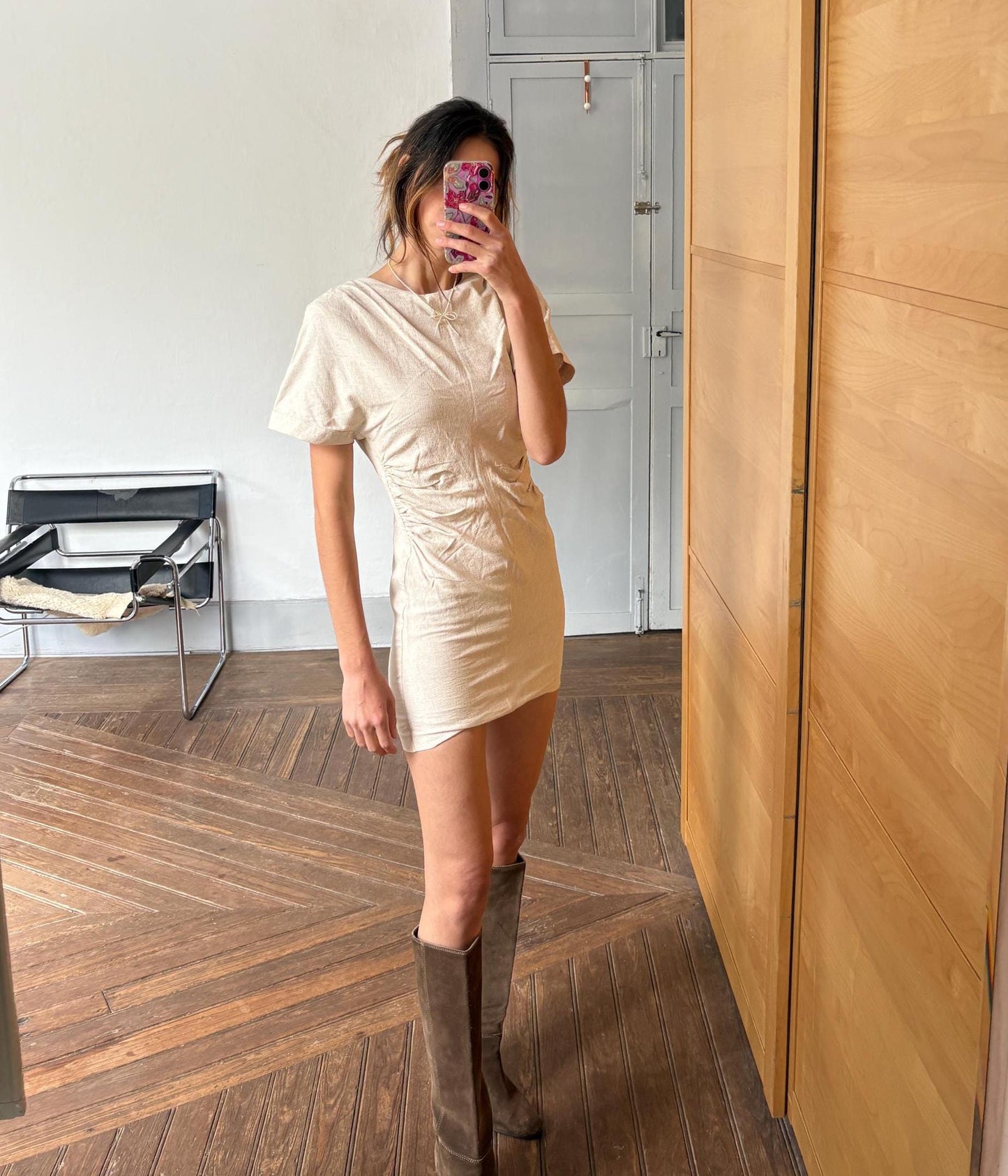 Modern mini dress with open back twisted rope detail earthy neutral summer look, Size S