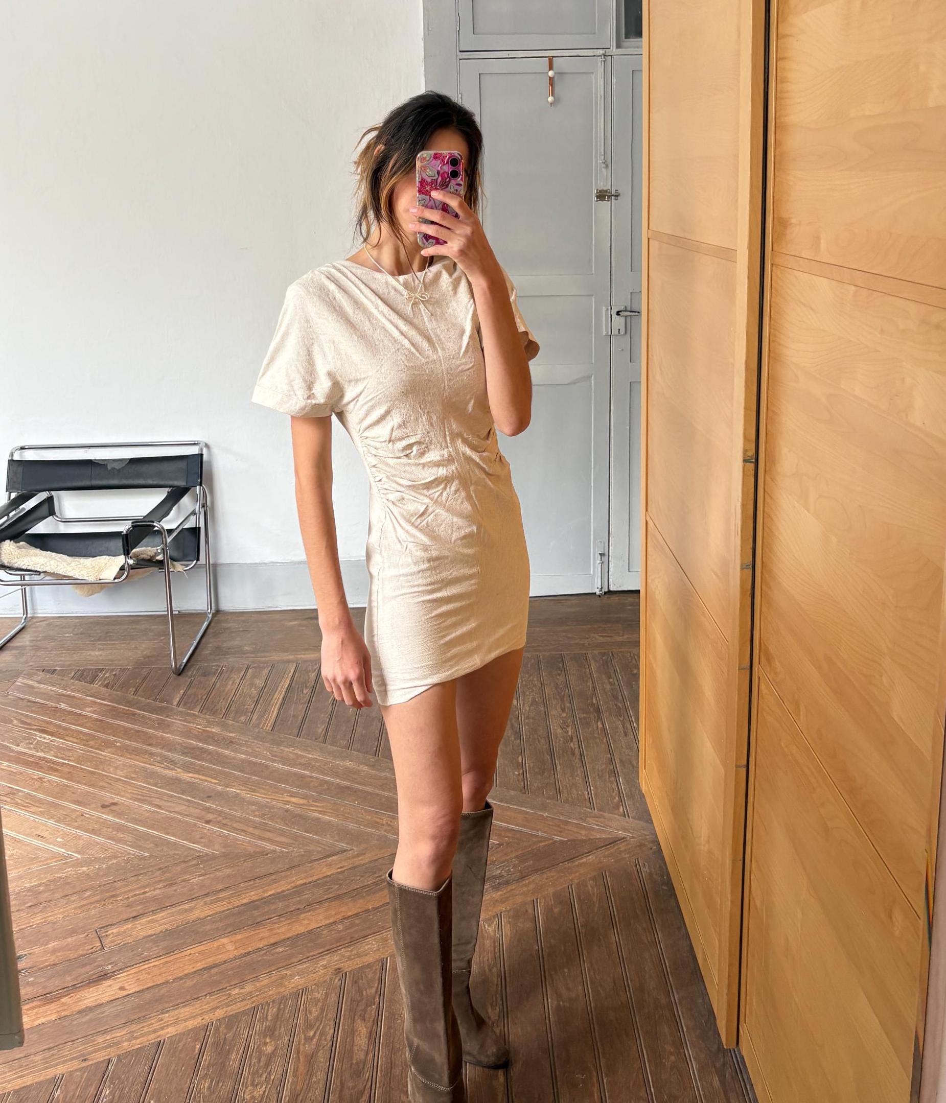 Modern mini dress with open back twisted rope detail earthy neutral summer look, Size S