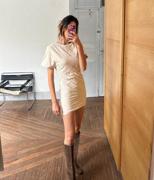 Modern mini dress with open back twisted rope detail earthy neutral summer look, Size S