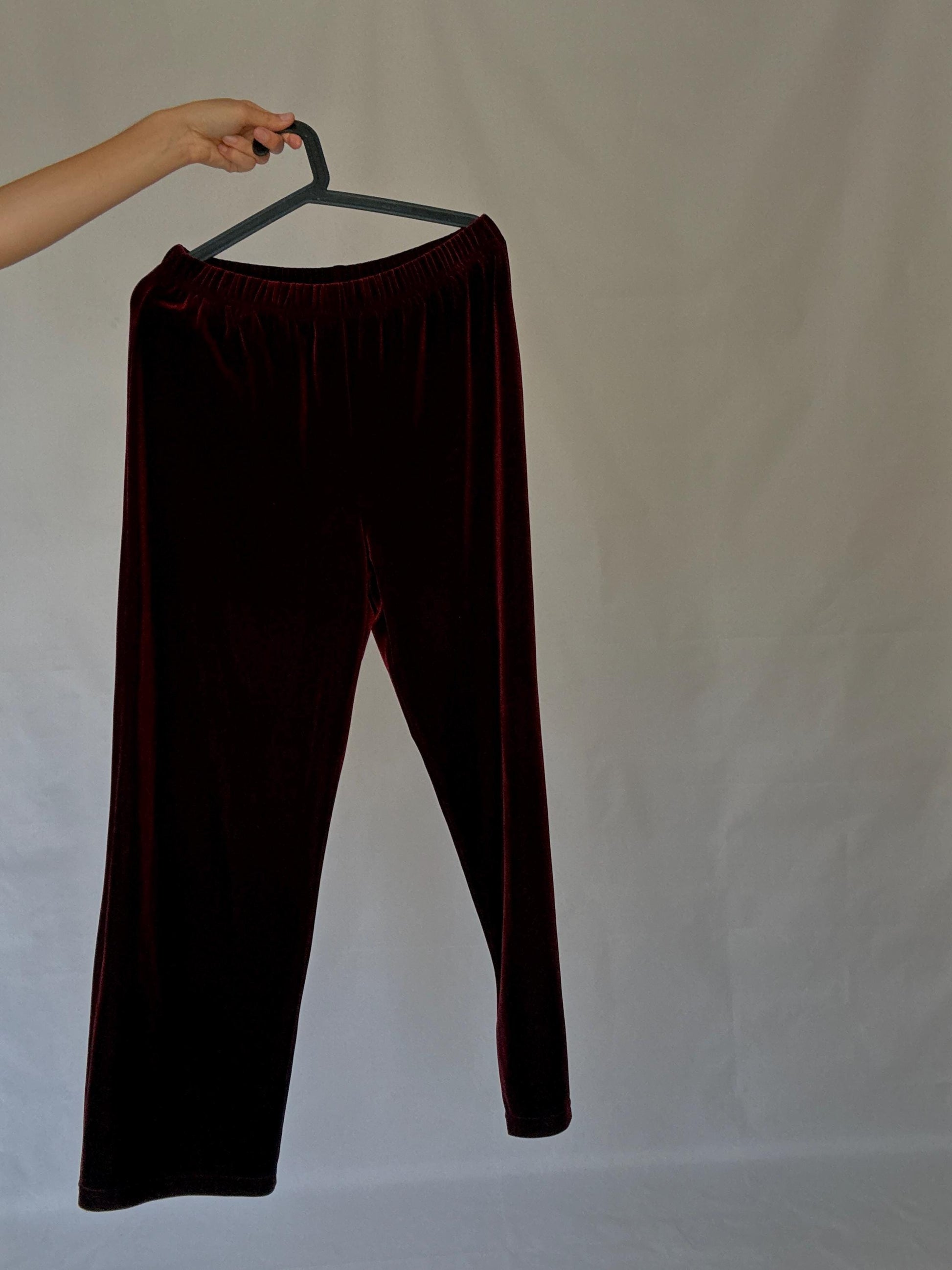 Vintage Rafaella Velvet Two Piece Set | Red Elastic Waist Pants & Patterned Long Sleeve Top | Fits M-L | Soft 90s Retro Loungewear