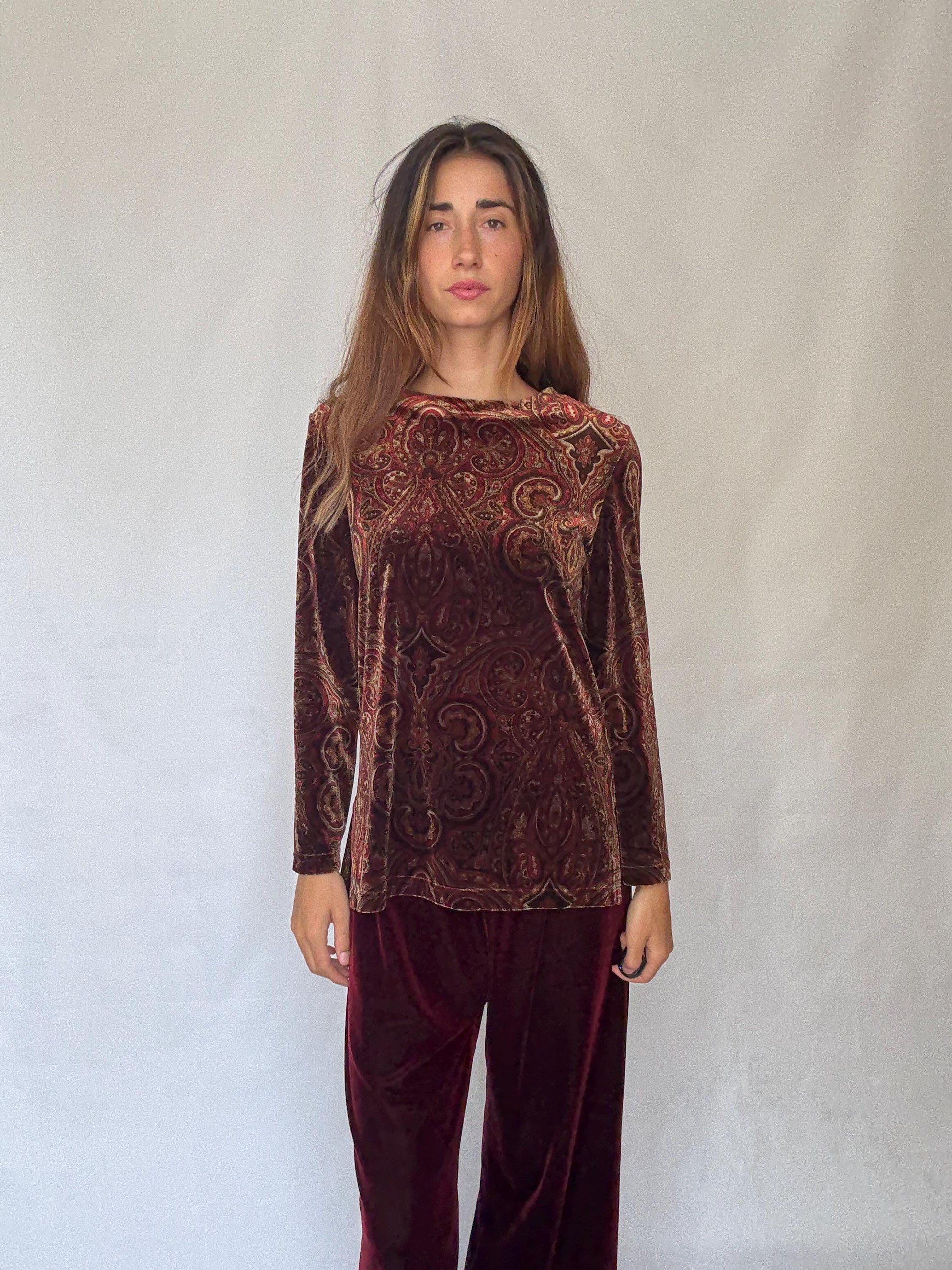 Vintage Rafaella Velvet Two Piece Set | Red Elastic Waist Pants & Patterned Long Sleeve Top | Fits M-L | Soft 90s Retro Loungewear