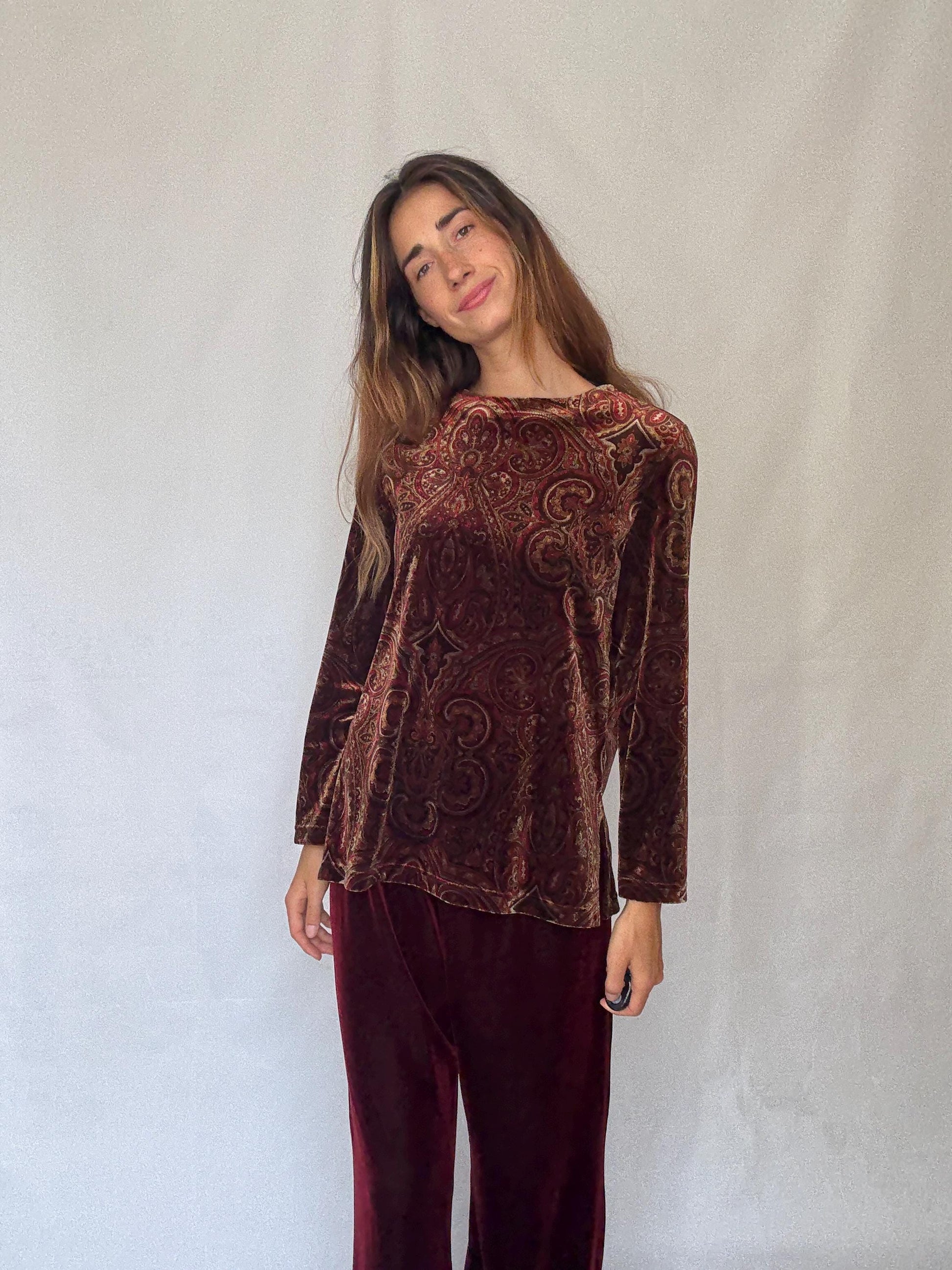 Vintage Rafaella Velvet Two Piece Set | Red Elastic Waist Pants & Patterned Long Sleeve Top | Fits M-L | Soft 90s Retro Loungewear