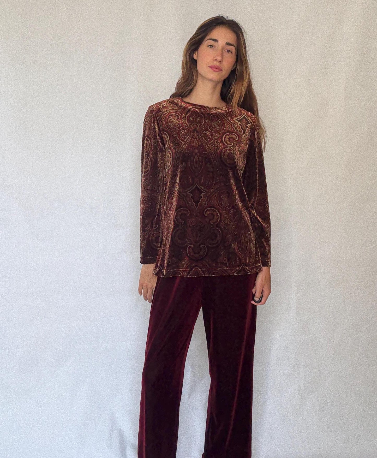 Vintage Rafaella Velvet Two Piece Set | Red Elastic Waist Pants & Patterned Long Sleeve Top | Fits M-L | Soft 90s Retro Loungewear