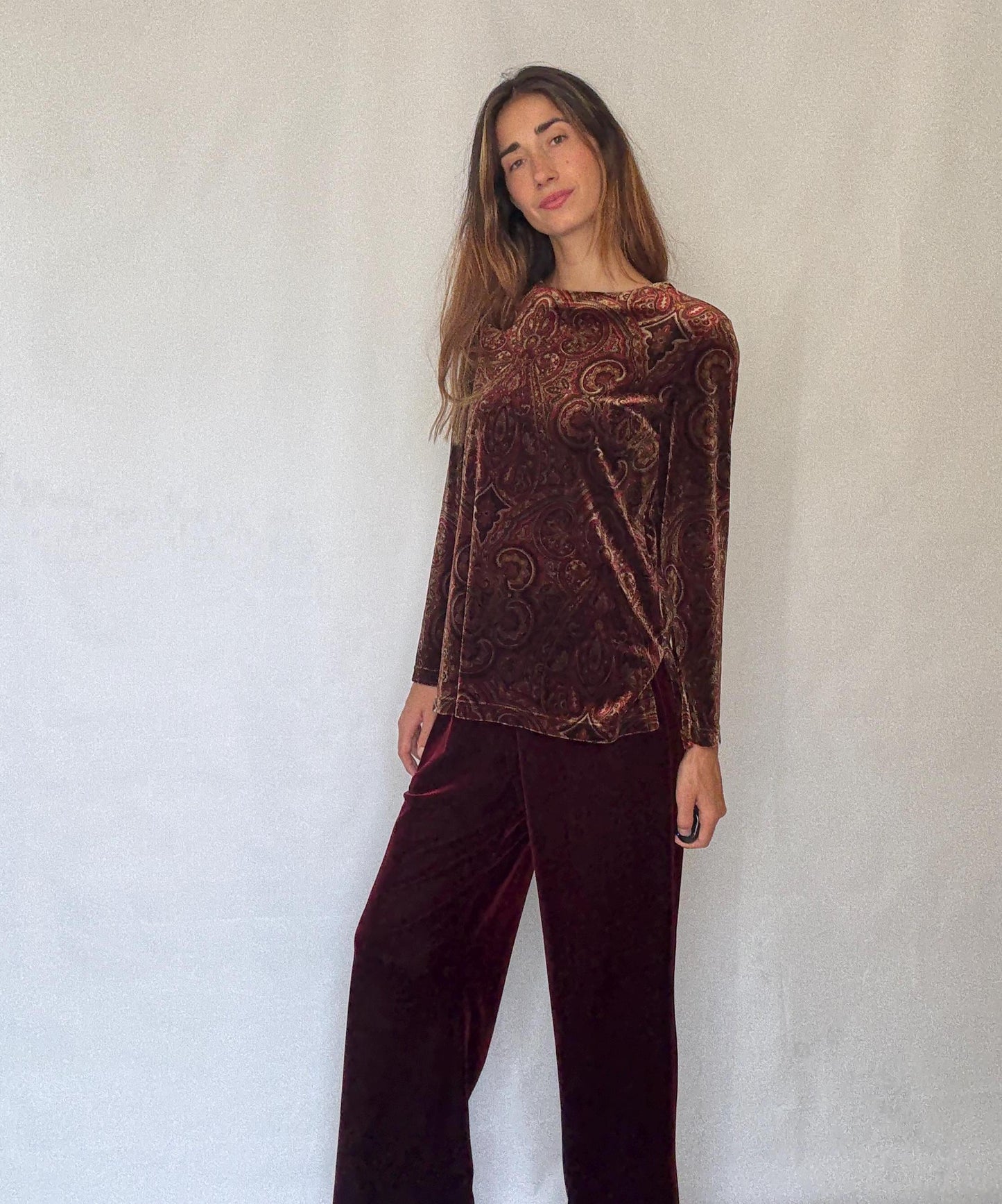 Vintage Rafaella Velvet Two Piece Set | Red Elastic Waist Pants & Patterned Long Sleeve Top | Fits M-L | Soft 90s Retro Loungewear