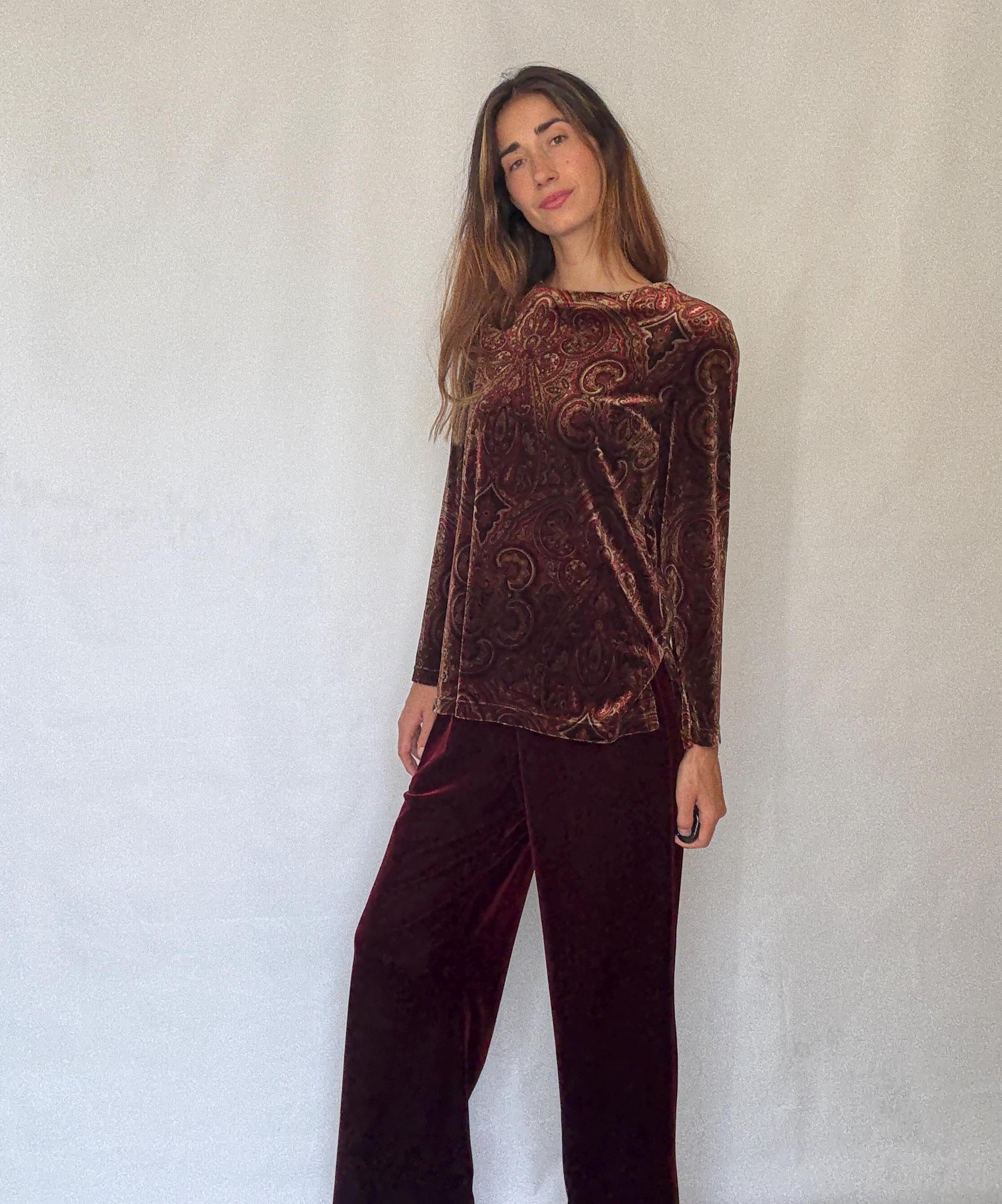 Vintage Rafaella Velvet Two Piece Set | Red Elastic Waist Pants & Patterned Long Sleeve Top | Fits M-L | Soft 90s Retro Loungewear